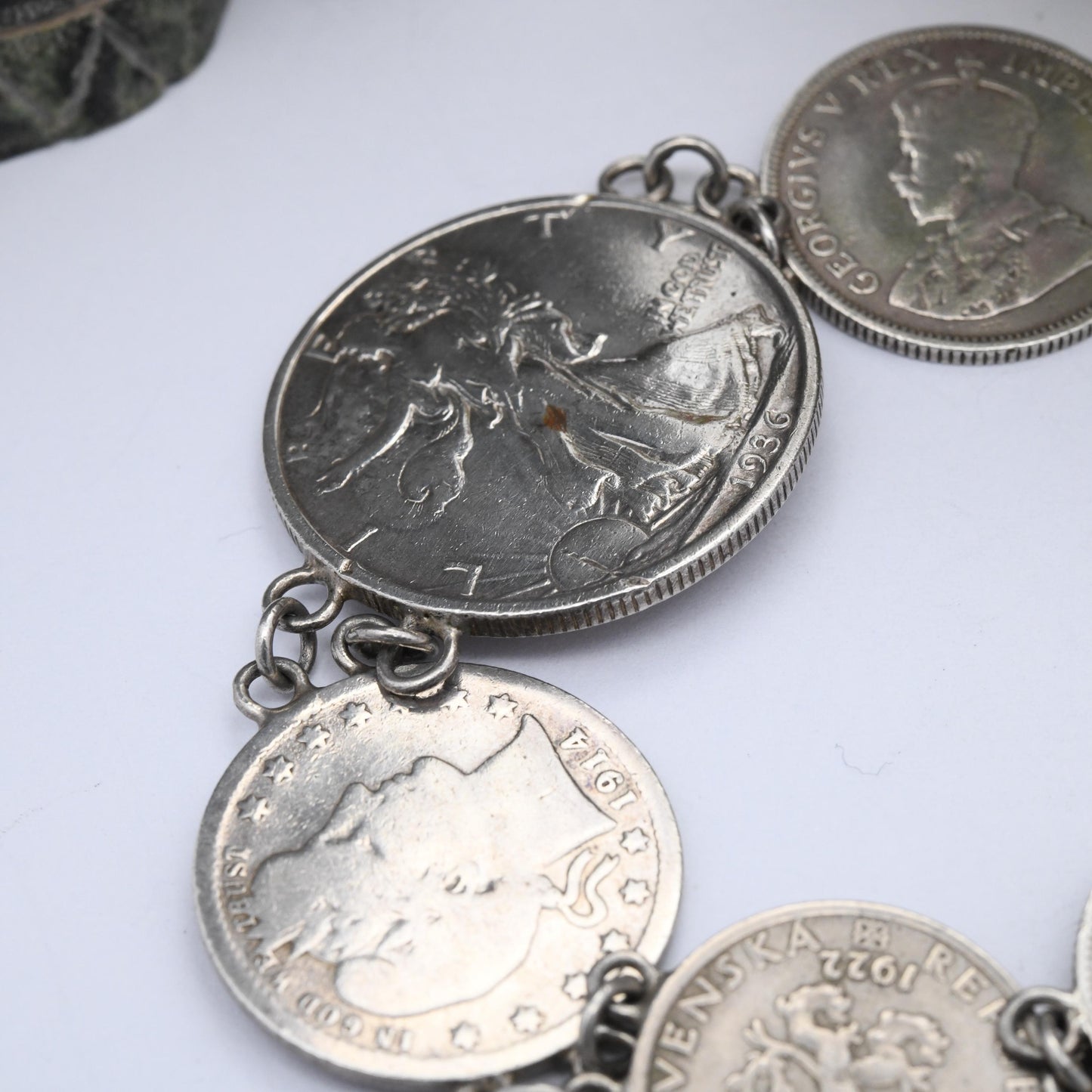 Vintage Silver Coin Bracelet with World Coins - 1936 Walking Liberty Half Dollar 1914 Quarter 1932 George V South Africa Shilling Sixpence