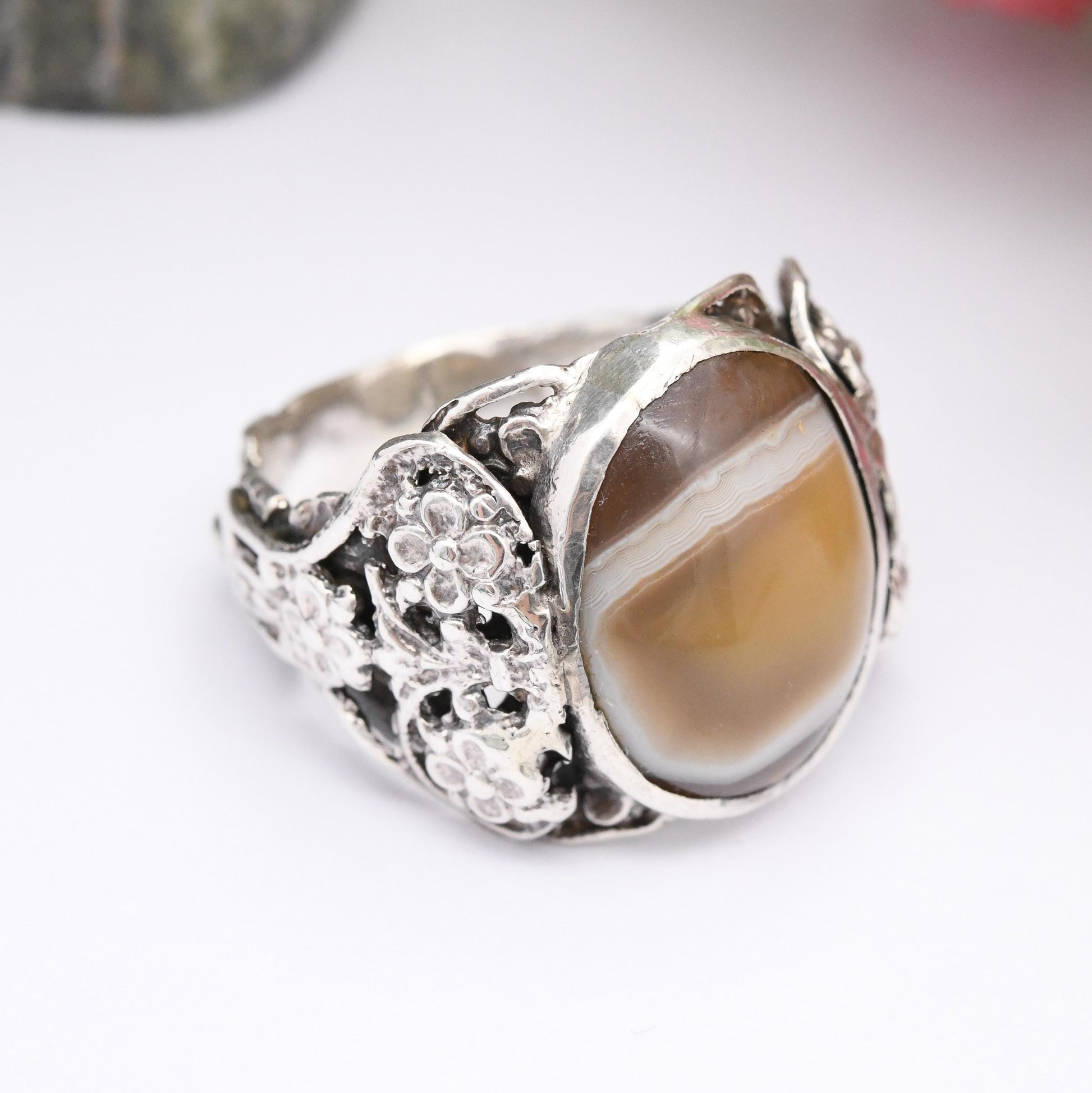 Vintage Sterling Silver Banded Agate Ring 1955 - Chunky Solid Silver Statement Jewellery Unusual Brown Gemstone | UK Size - U | US Size - 10