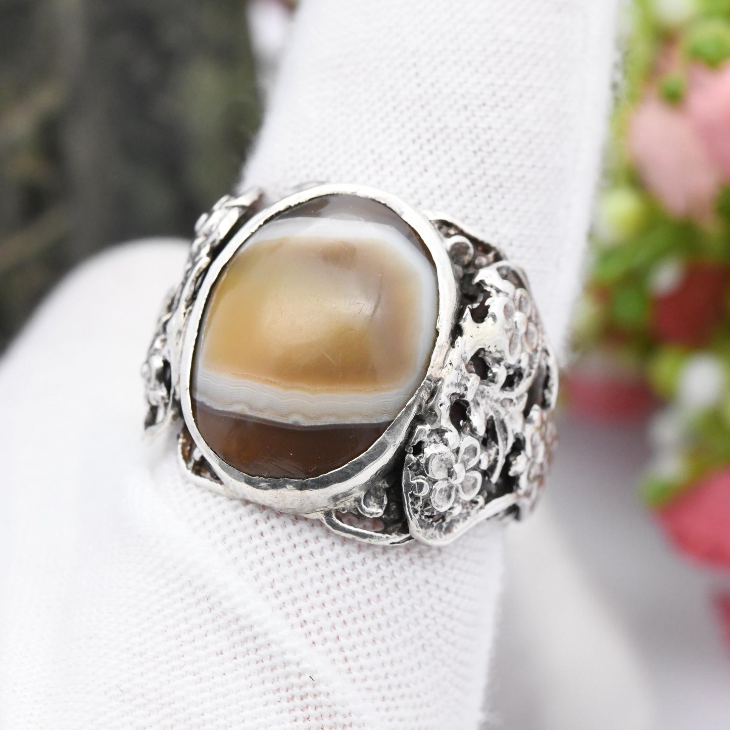 Vintage Sterling Silver Banded Agate Ring 1955 - Chunky Solid Silver Statement Jewellery Unusual Brown Gemstone | UK Size - U | US Size - 10