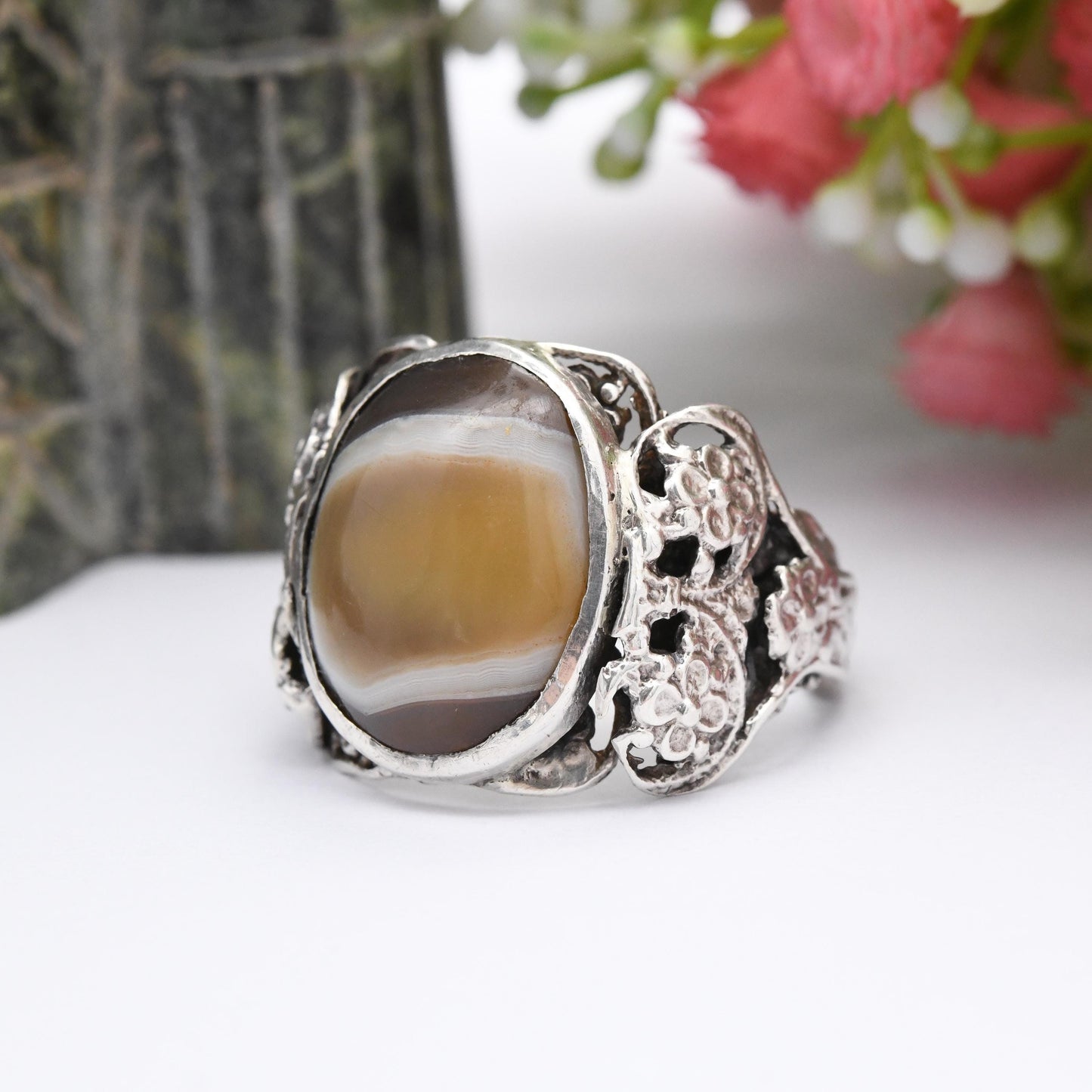 Vintage Sterling Silver Banded Agate Ring 1955 - Chunky Solid Silver Statement Jewellery Unusual Brown Gemstone | UK Size - U | US Size - 10