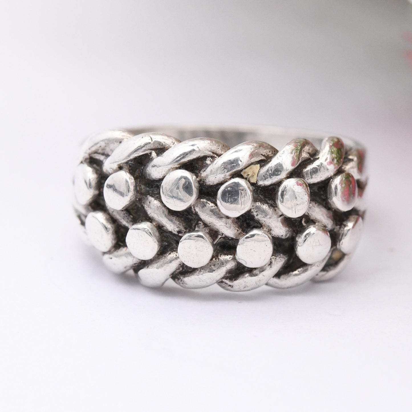 Vintage Sterling Silver Keeper Ring 1970 - 2 Rows Knotted Band Unisex Everyday Silver Sentimental Jewellery | UK Size - M | US Size - 6 1/4