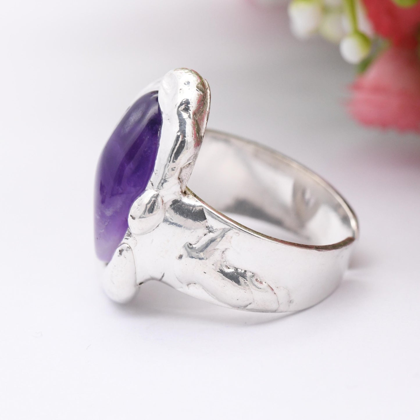 Vintage Dansk Smykkekunst Sterling Silver Amethyst Ring Denmark Designer DS - Tumbled Purple Stone Modernist | Size UK - M 1/2 | US - 6 1/2