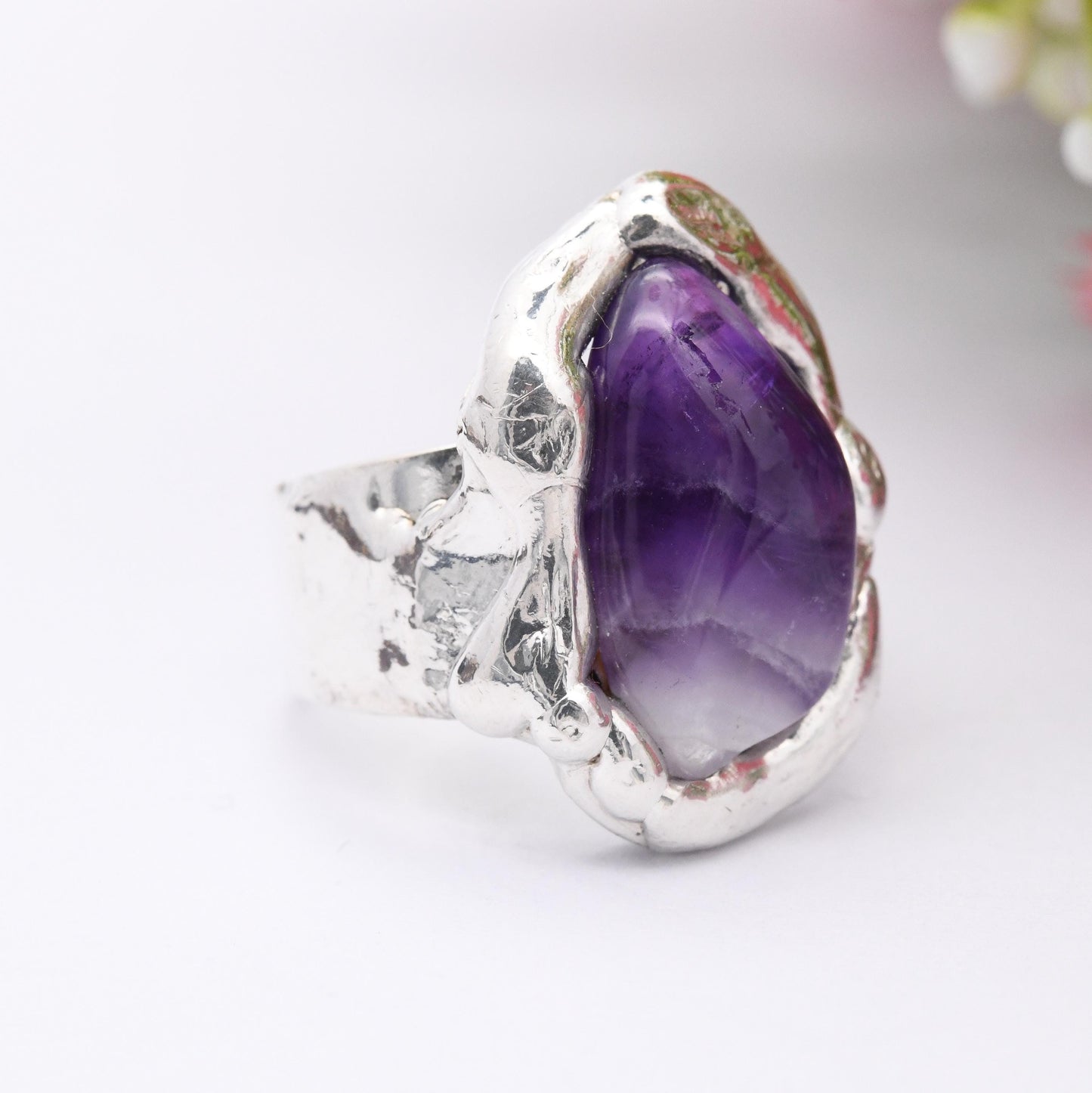 Vintage Dansk Smykkekunst Sterling Silver Amethyst Ring Denmark Designer DS - Tumbled Purple Stone Modernist | Size UK - M 1/2 | US - 6 1/2