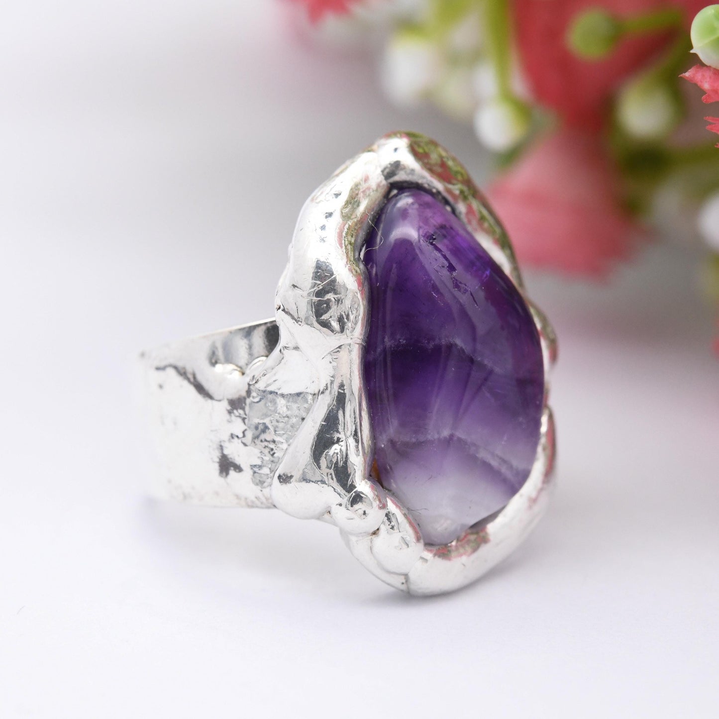 Vintage Dansk Smykkekunst Sterling Silver Amethyst Ring Denmark Designer DS - Tumbled Purple Stone Modernist | Size UK - M 1/2 | US - 6 1/2