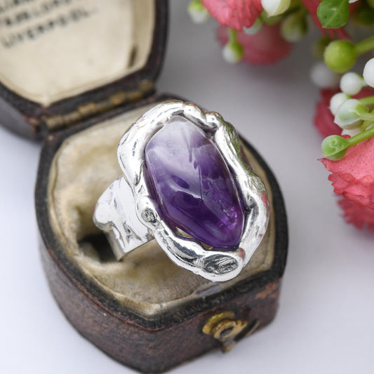 Vintage Dansk Smykkekunst Sterling Silver Amethyst Ring Denmark Designer DS - Tumbled Purple Stone Modernist | Size UK - M 1/2 | US - 6 1/2