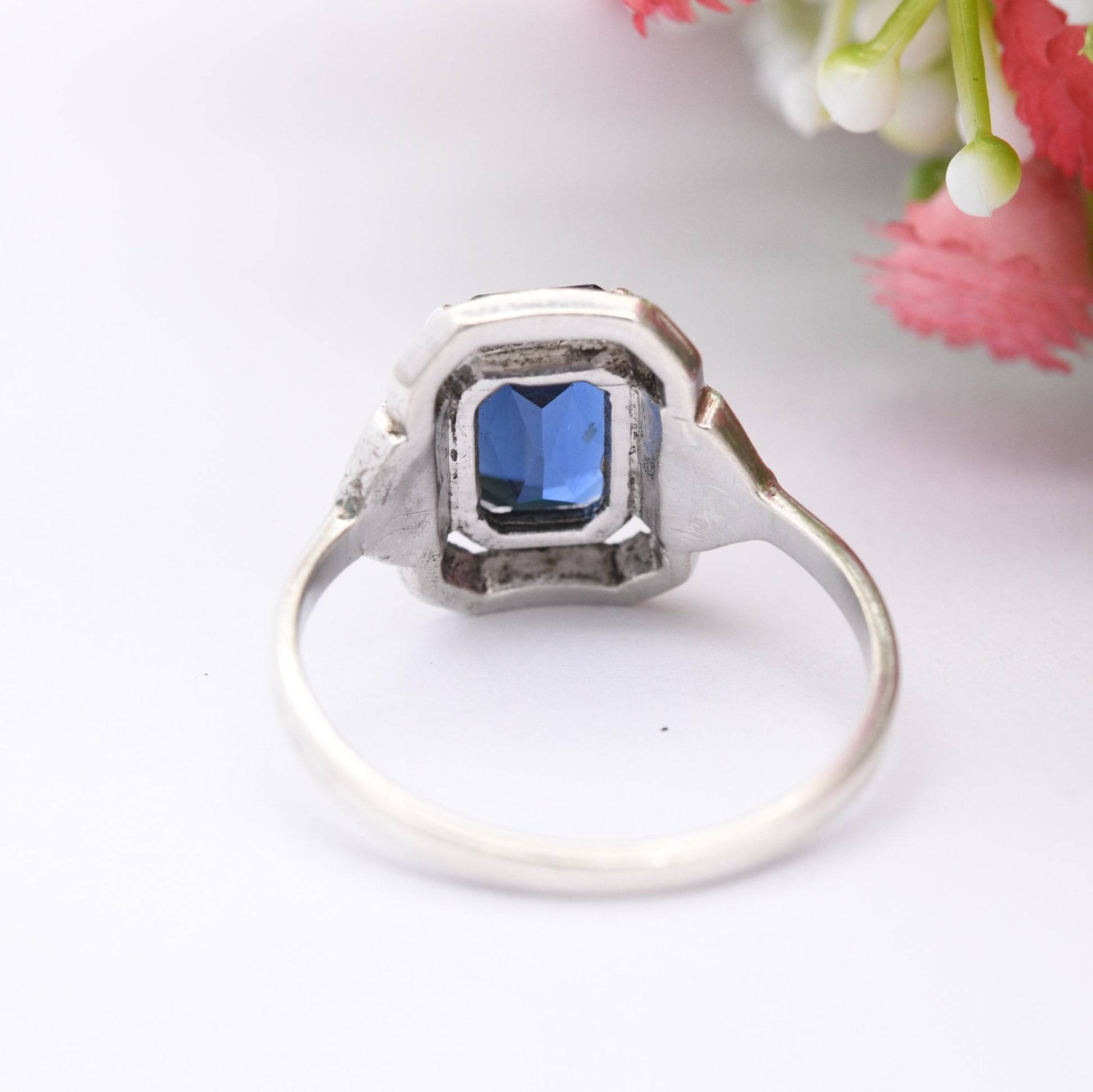 Antique Art Deco Silver Blue Paste Ring by Ciro SCP - Statement Cocktail Ring Sparkly Halo Gift for Her | Large UK Size - S | US Size - 9