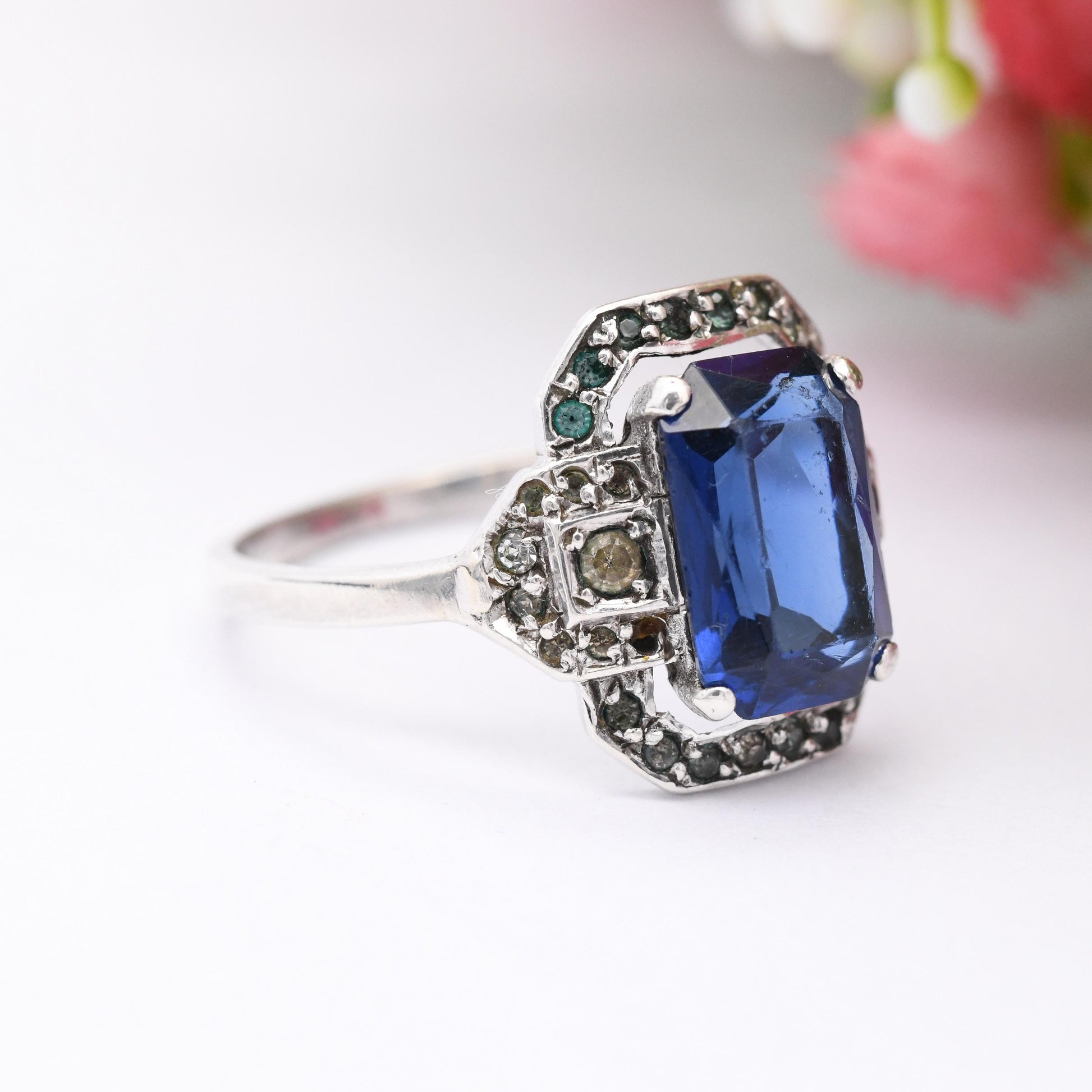 Antique Art Deco Silver Blue Paste Ring by Ciro SCP - Statement Cocktail Ring Sparkly Halo Gift for Her | Large UK Size - S | US Size - 9