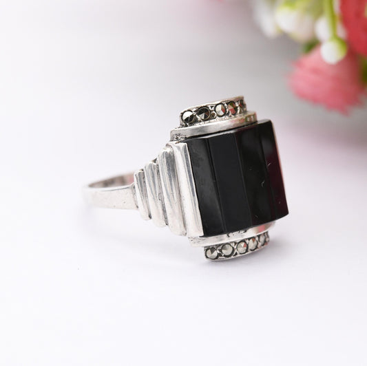 Antique Art Deco Silver Onyx Marcasite Ring 1920s 1930s - Faceted Square Onyx Gemstone Geometric Shapes | UK Size - Q 1/2 | US Size - 8 1/4