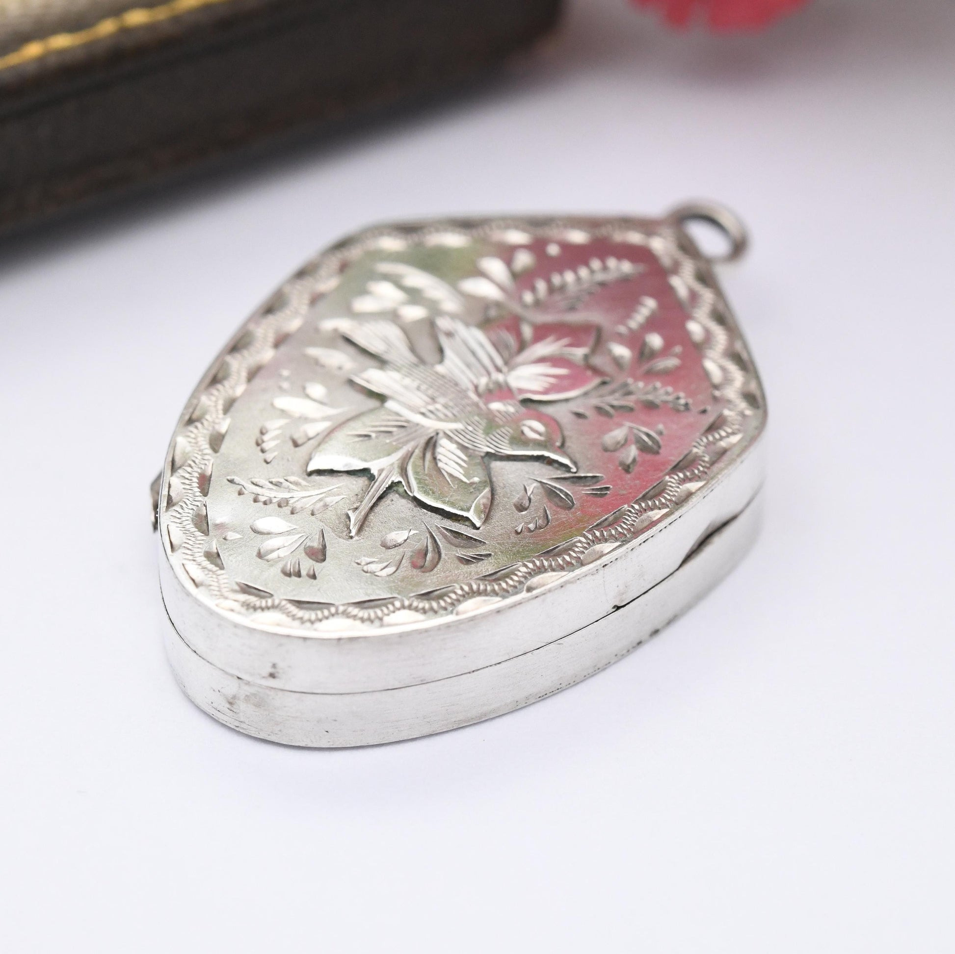 Antique Aesthetic Movement Sterling Silver Locket with Bird 1905 - Sweet Opening Pendant with Flowers and Animal | for Charm Necklace Stack