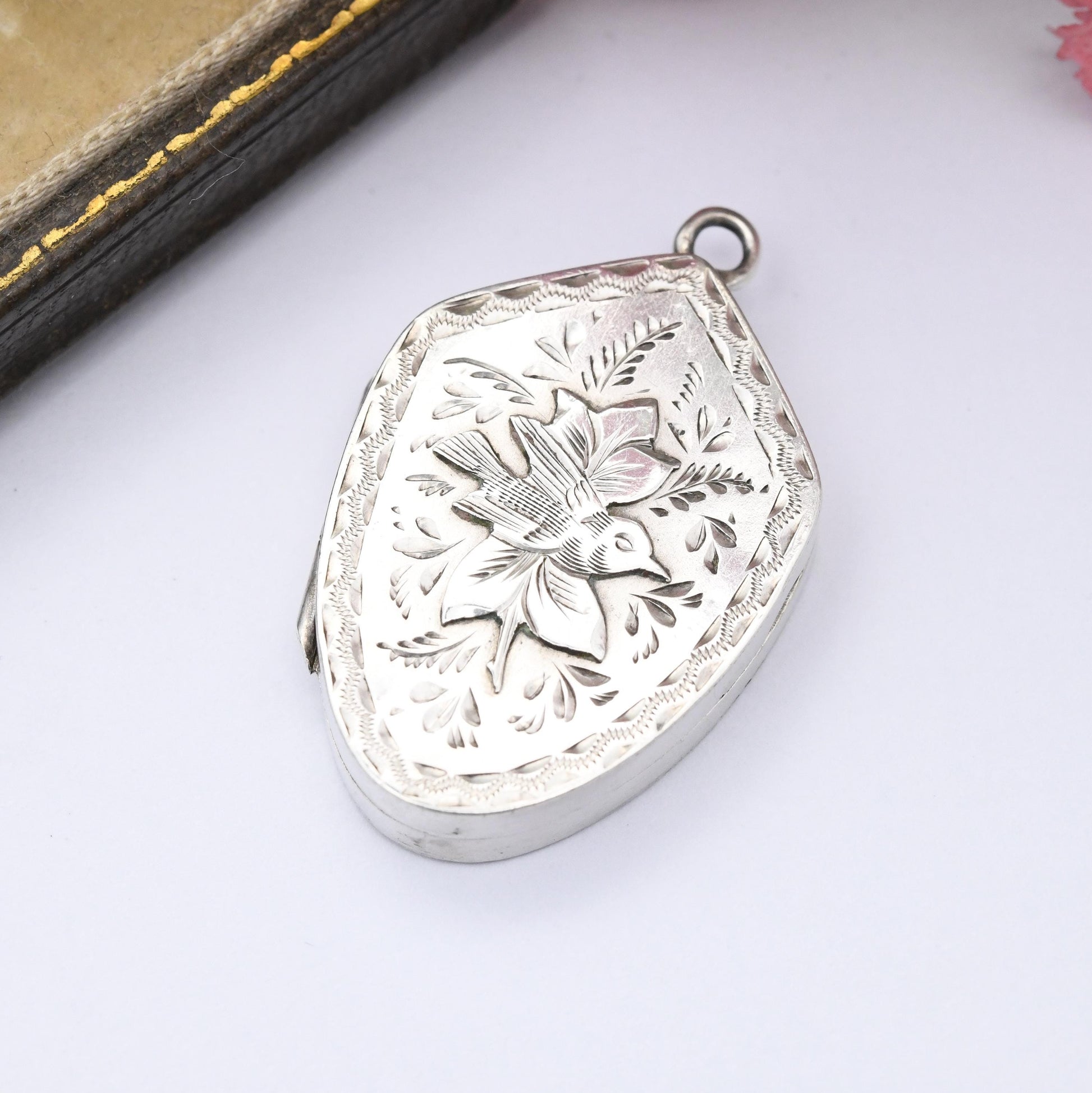 Antique Aesthetic Movement Sterling Silver Locket with Bird 1905 - Sweet Opening Pendant with Flowers and Animal | for Charm Necklace Stack