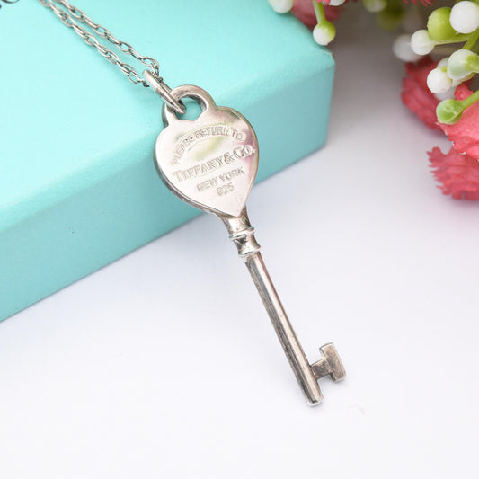 Please Return to Tiffany & Co Sterling Silver Key Pendant Love Heart in Tiffany Gift Box - Signed Designer Jewellery Christmas Gift Charm