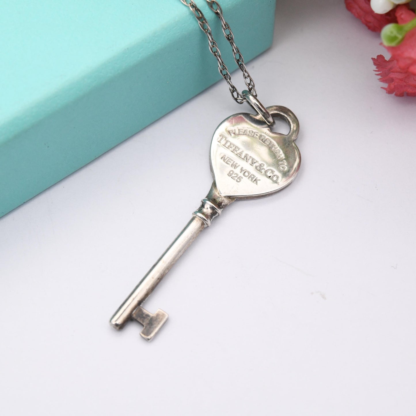 Please Return to Tiffany & Co Sterling Silver Key Pendant Love Heart in Tiffany Gift Box - Signed Designer Jewellery Christmas Gift Charm