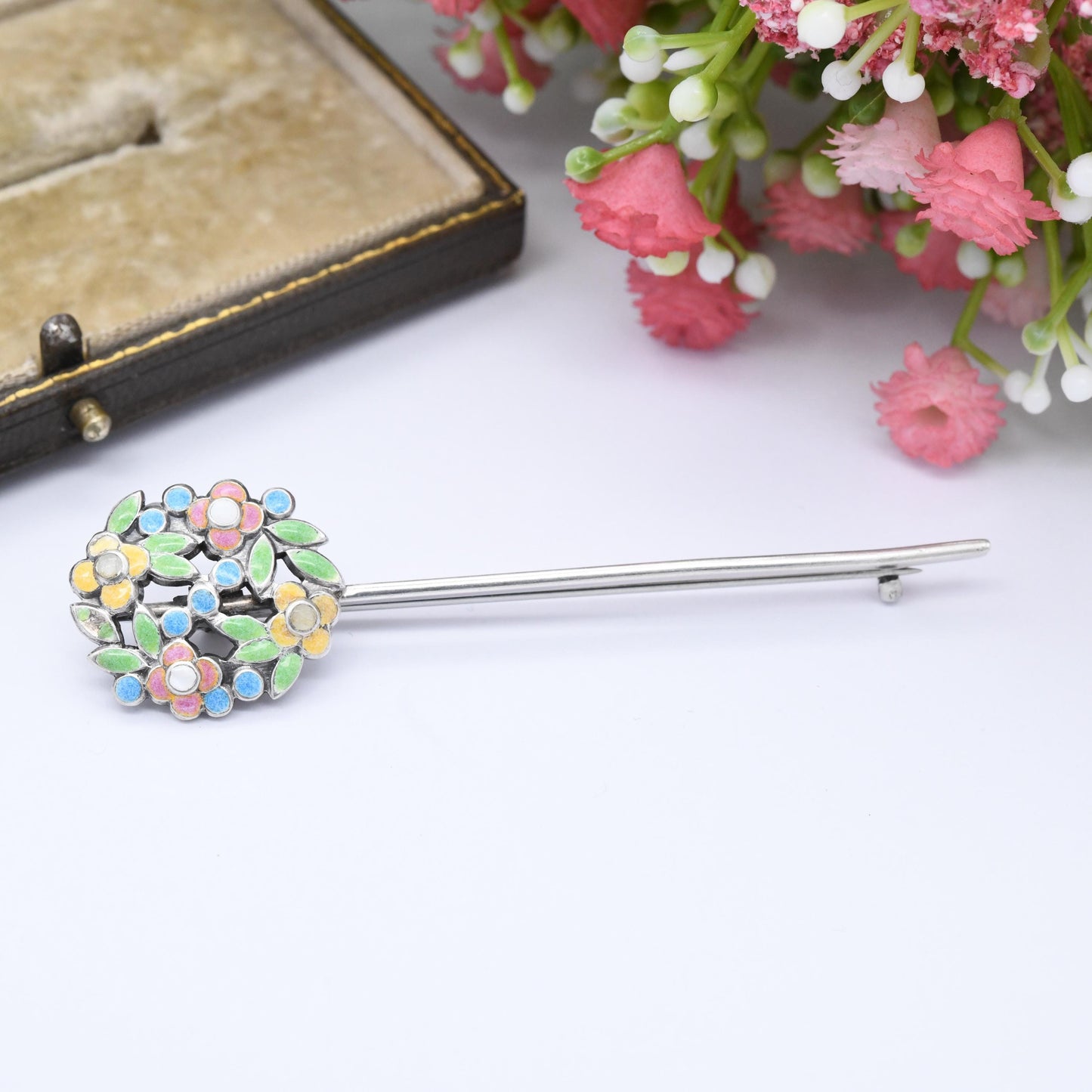 Vintage Bernard Instone Sterling Silver Enamel Flower Brooch - Arts and Crafts Designer | Bunch of Flowers | Long Pin | Unsigned c. 1930s