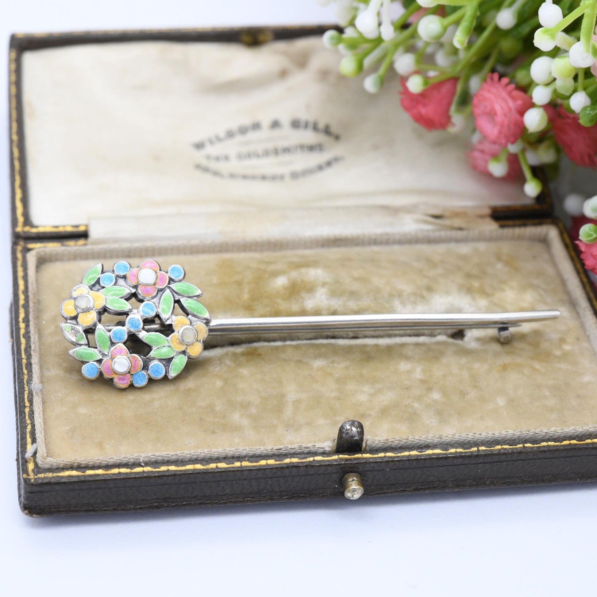 Vintage Bernard Instone Sterling Silver Enamel Flower Brooch - Arts and Crafts Designer | Bunch of Flowers | Long Pin | Unsigned c. 1930s