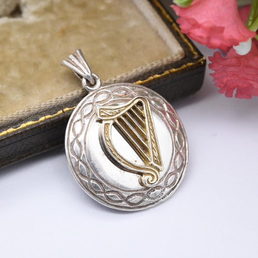 Vintage Celtic Harp Sterling Silver Pendant Necklace - Gold Plated Cláirseach Clàrsach Telyn | Knot Border | Souvenir Gift Necklace Charm