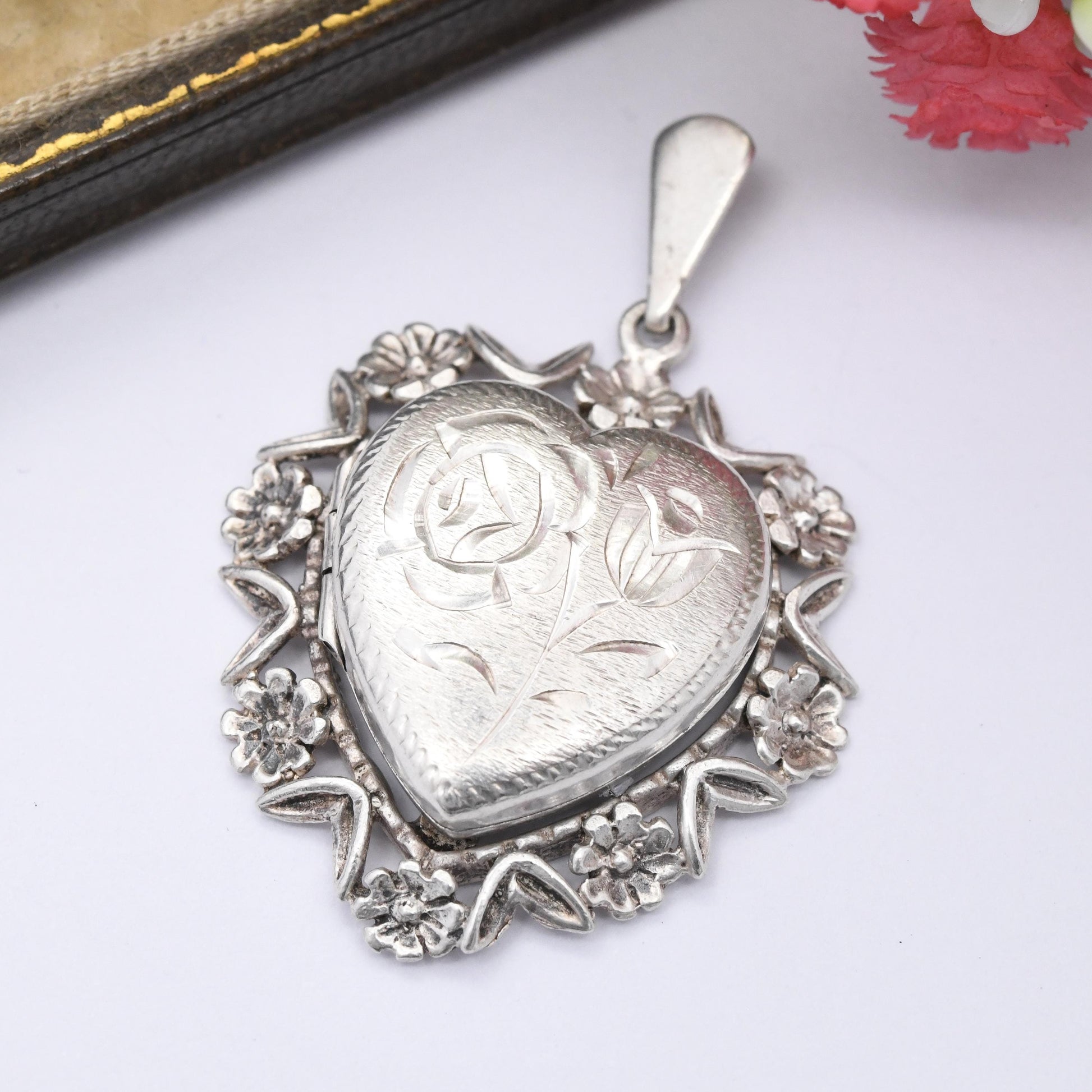 Vintage Sterling Silver Heart Locket Pendant 1973 - Unusual Large Floral Love Heart Shape | Flower Border Rose | Sweet Gift for Her Daughter