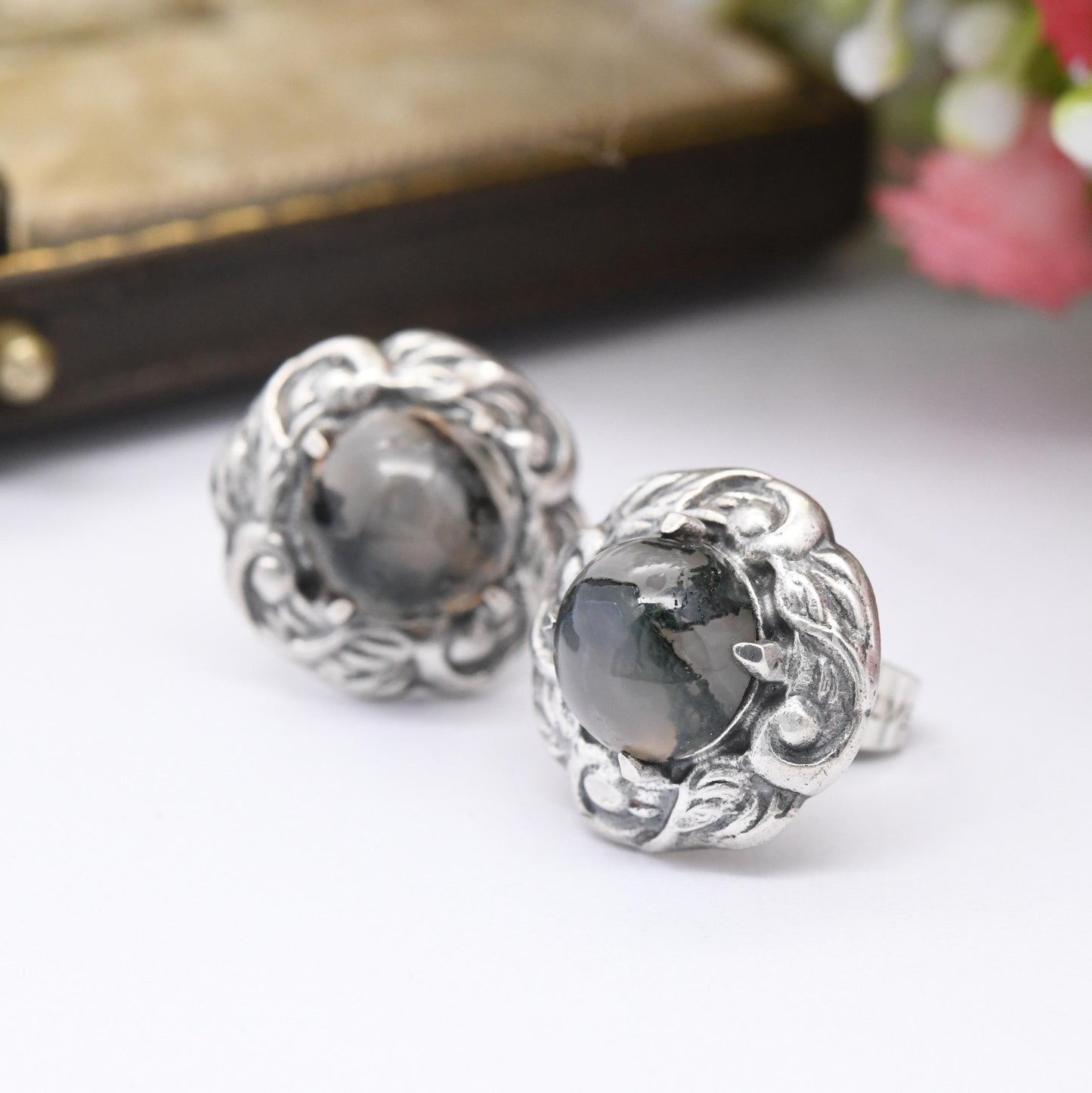 Vintage Scottish Moss Agate Sterling Silver Stud Earrings - Large Gemstone Studs Celtic Border | Pretty Gift for Her | Butterfly Backs