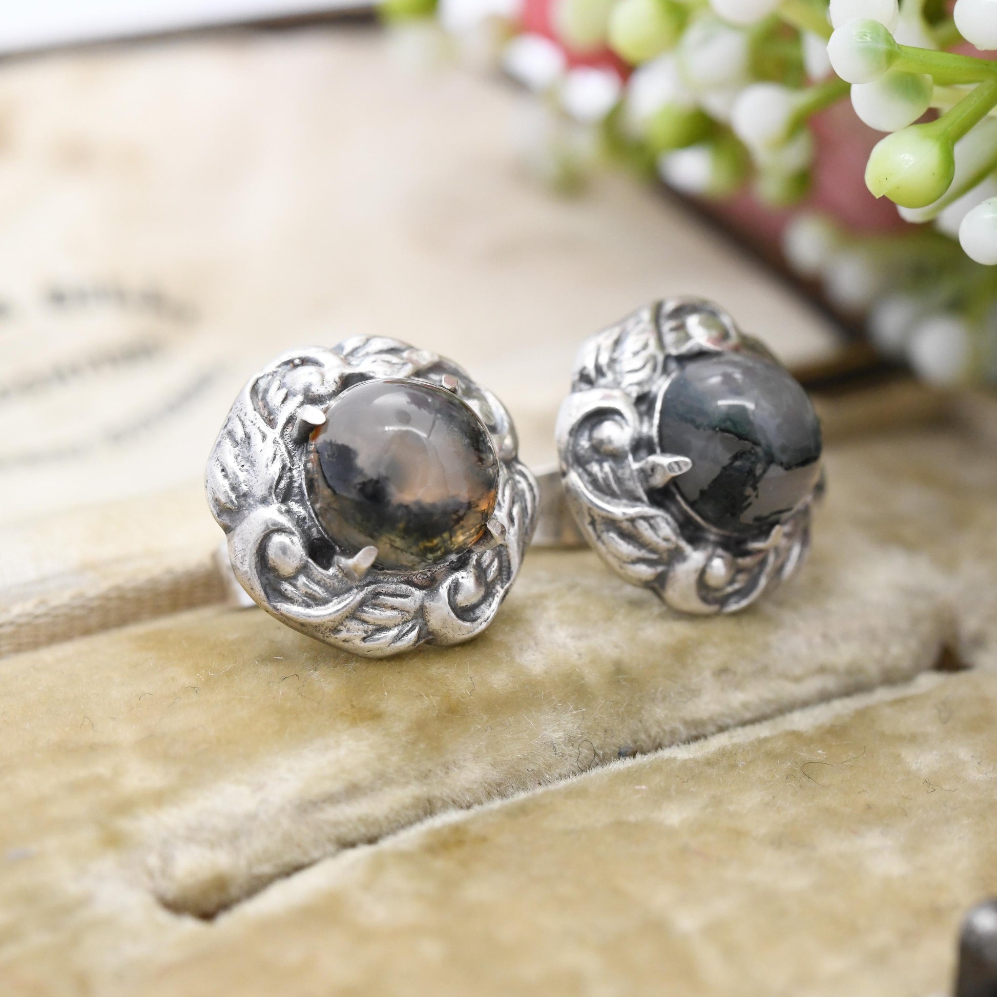 Vintage Scottish Moss Agate Sterling Silver Stud Earrings - Large Gemstone Studs Celtic Border | Pretty Gift for Her | Butterfly Backs