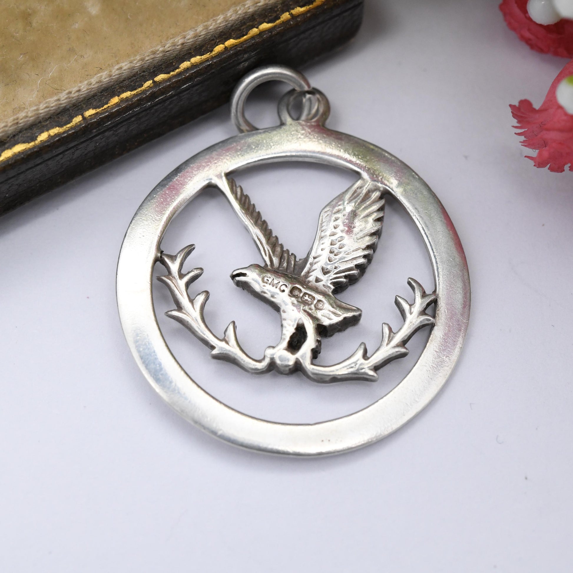 Vintage Sterling Silver Gleneagles Pendant 1980 - Openwork Flying Eagle Bird | Scottish Golf Resort Hotel Bird of Prey Souvenir Necklace