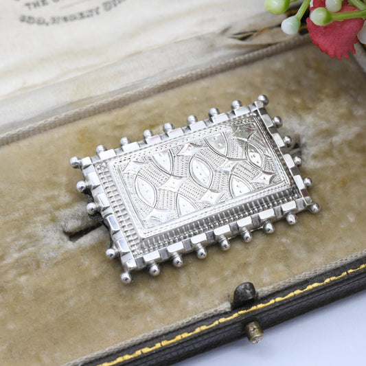 Antique Victorian Sterling Silver Aesthetic Movement Brooch with Granulated Edges - Rectangle Ball Brooch Hand Engraved