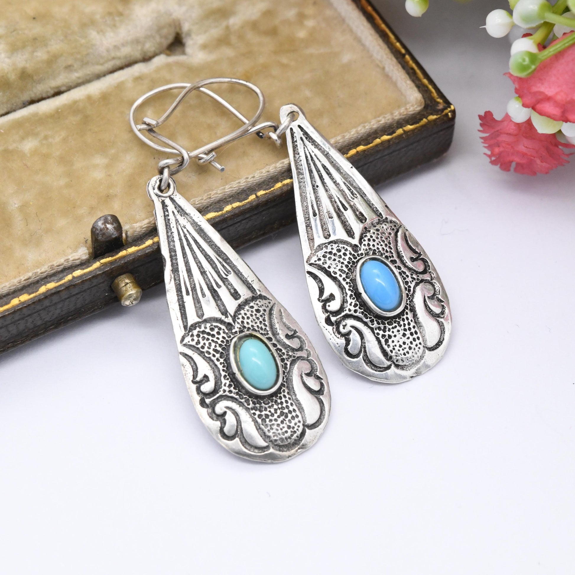 Vintage Silver Turquoise Dangle Drop Earrings - Southwestern Style Handmade | Pretty Statement Earrings | Gift for Her