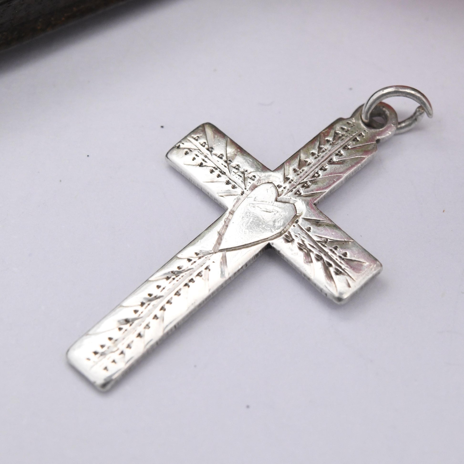 Vintage Sterling Silver Hand Engraved Cross Pendant with Love Heart Design - Sweet Christian Gift for Baptism Christening