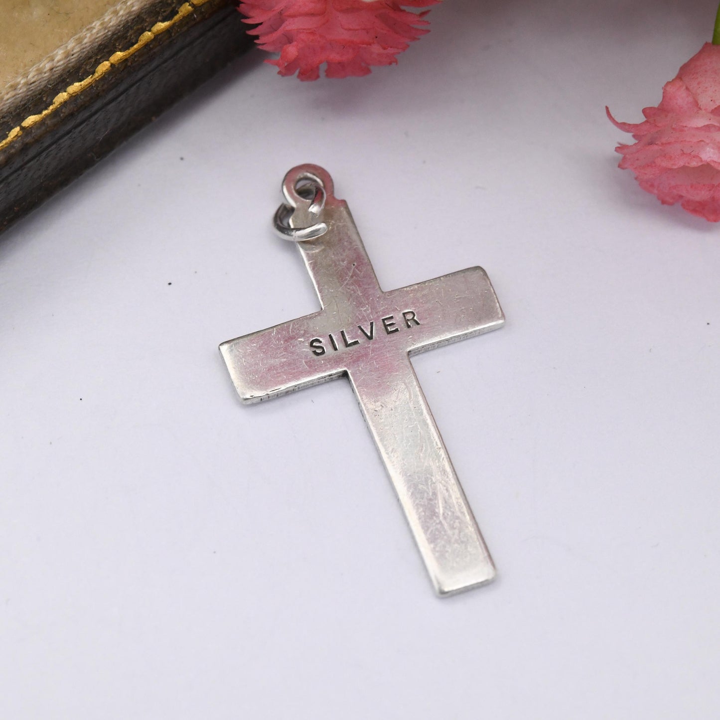 Vintage Sterling Silver Hand Engraved Cross Pendant with Love Heart Design - Sweet Christian Gift for Baptism Christening