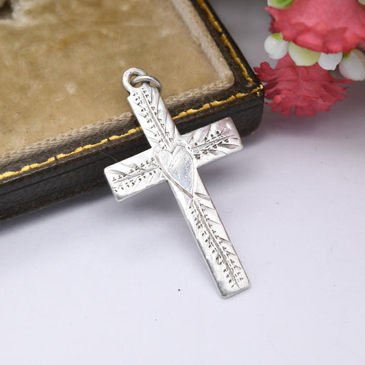 Vintage Sterling Silver Hand Engraved Cross Pendant with Love Heart Design - Sweet Christian Gift for Baptism Christening