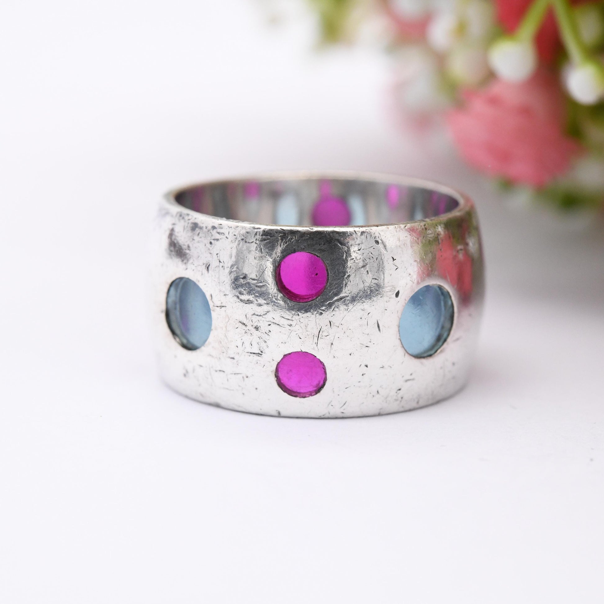 Vintage Silver Stained Glass Ring Pink Blue - Chunky Modernist Bubble Design Silver Jewellery Wide Band | UK Size - O 1/2 | US Size - 7 1/2