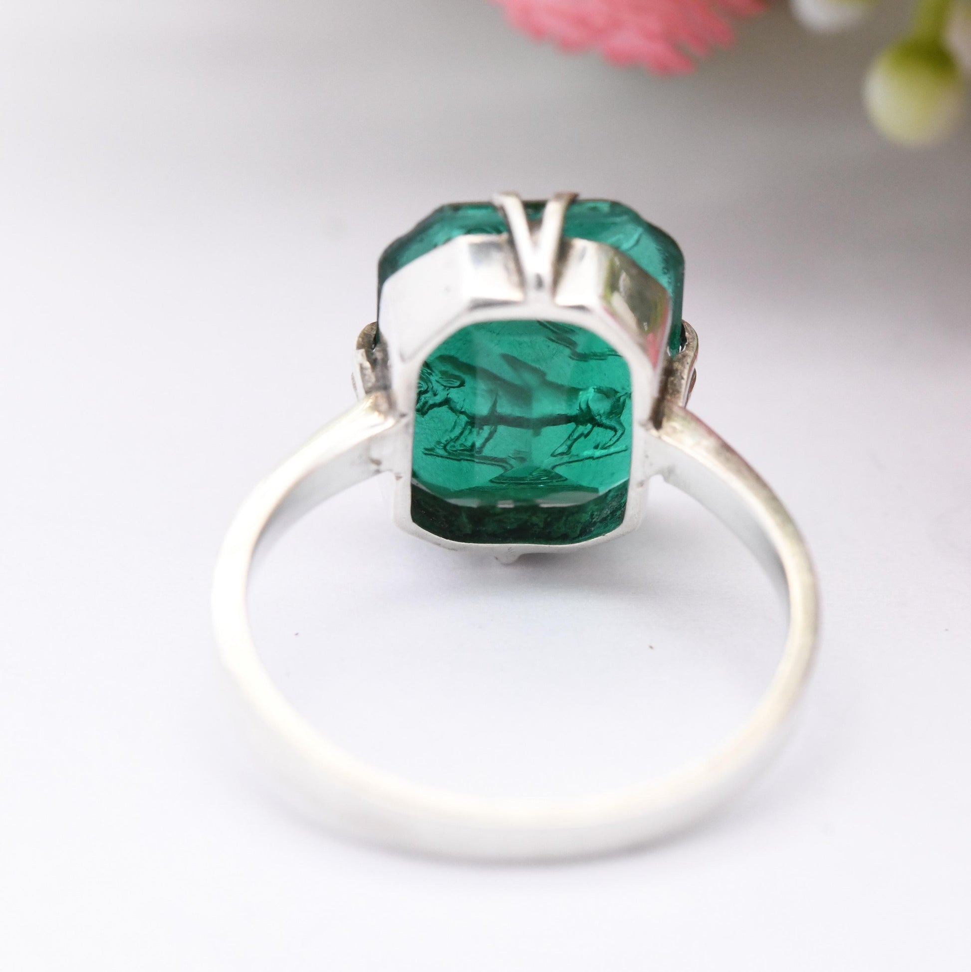 Antique Art Deco Silver Zodiac Intaglio Ring Taurus Bull - Emerald Green Paste | April May Birthday Carved | UK Size - M | US Size - 6 1/4