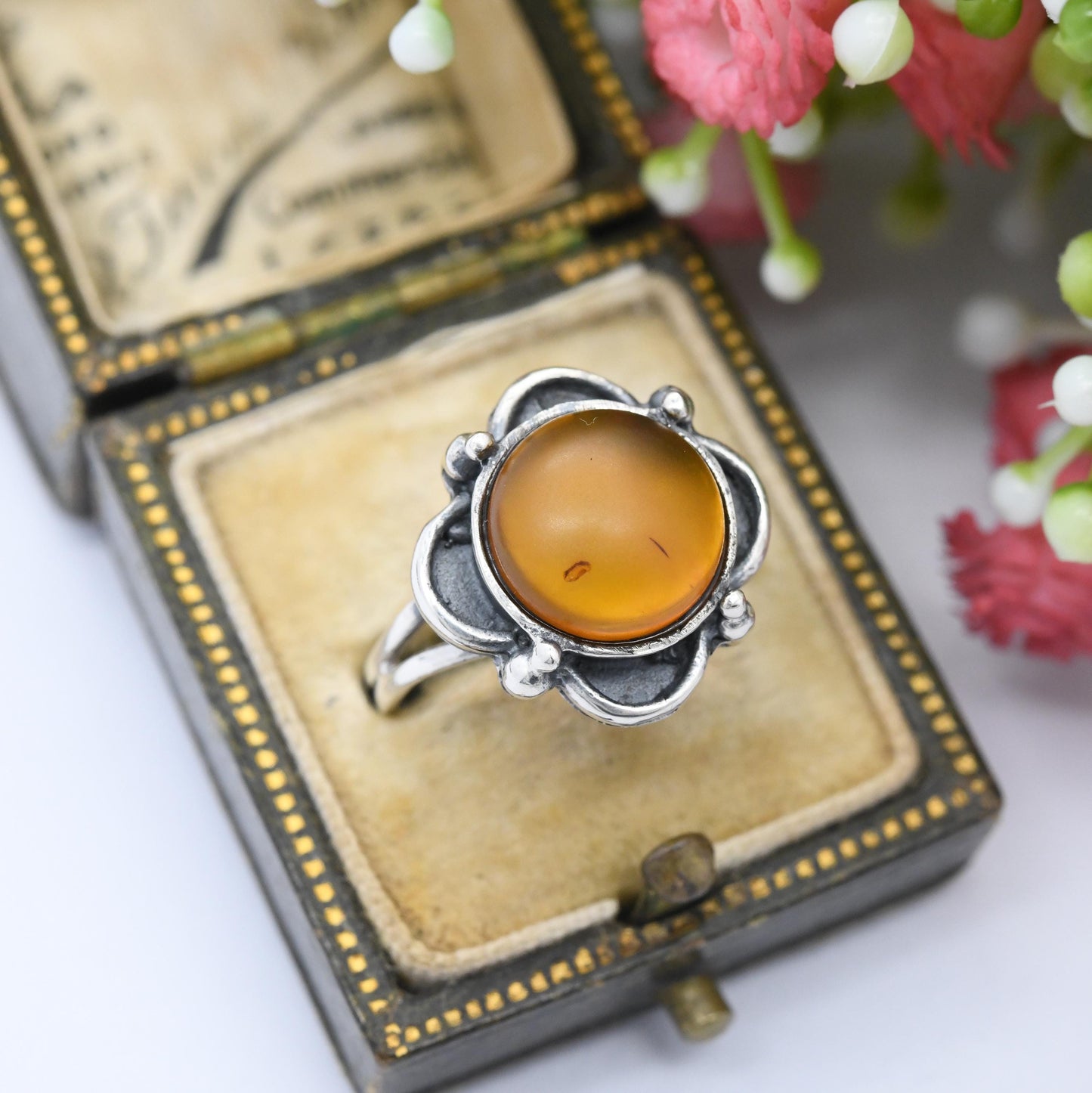 Vintage Sterling Silver Amber Ring Floral Bezel - Pretty Unisex Mid-Century Silver Ring Large Orange Stone | UK Size - N | US Size - 6 3/4