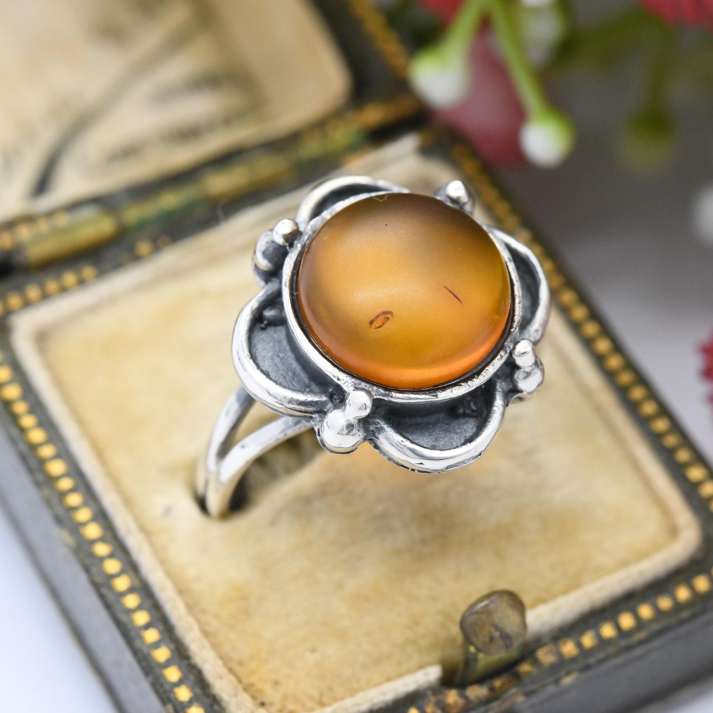 Vintage Sterling Silver Amber Ring Floral Bezel - Pretty Unisex Mid-Century Silver Ring Large Orange Stone | UK Size - N | US Size - 6 3/4