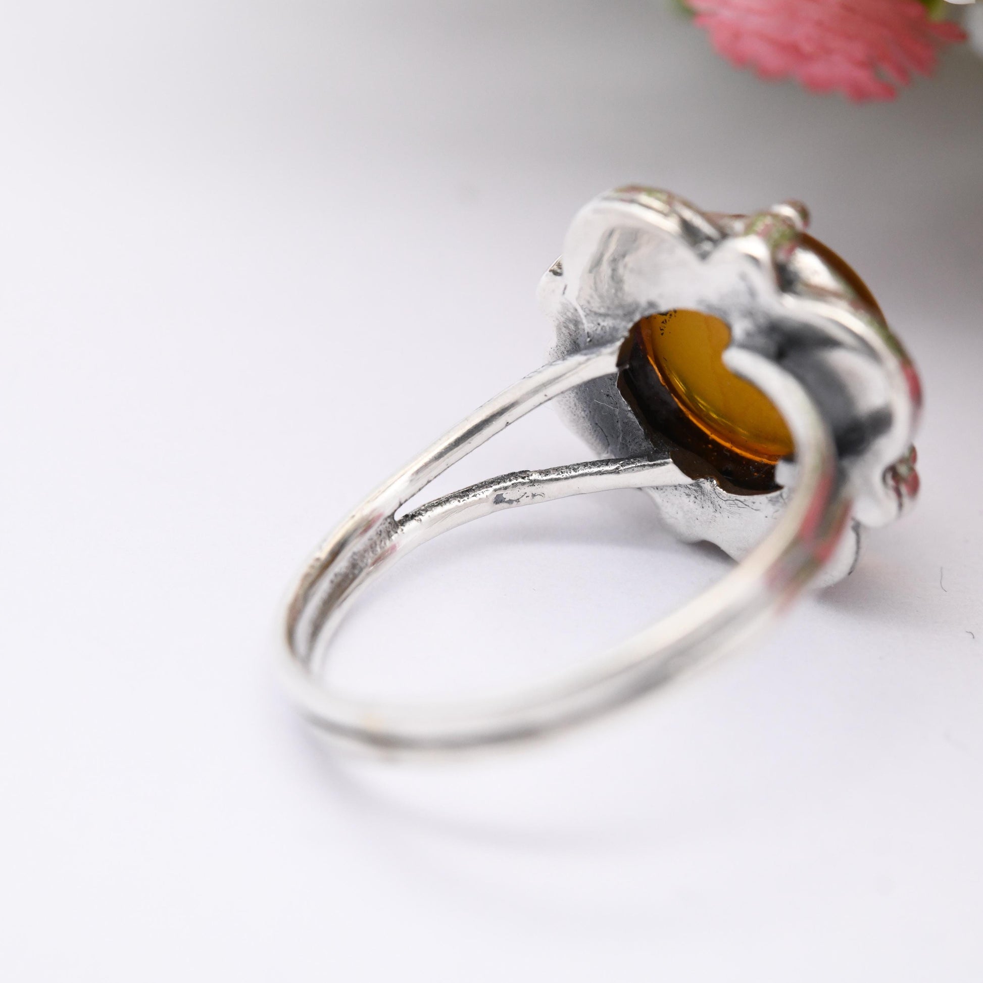 Vintage Sterling Silver Amber Ring Floral Bezel - Pretty Unisex Mid-Century Silver Ring Large Orange Stone | UK Size - N | US Size - 6 3/4