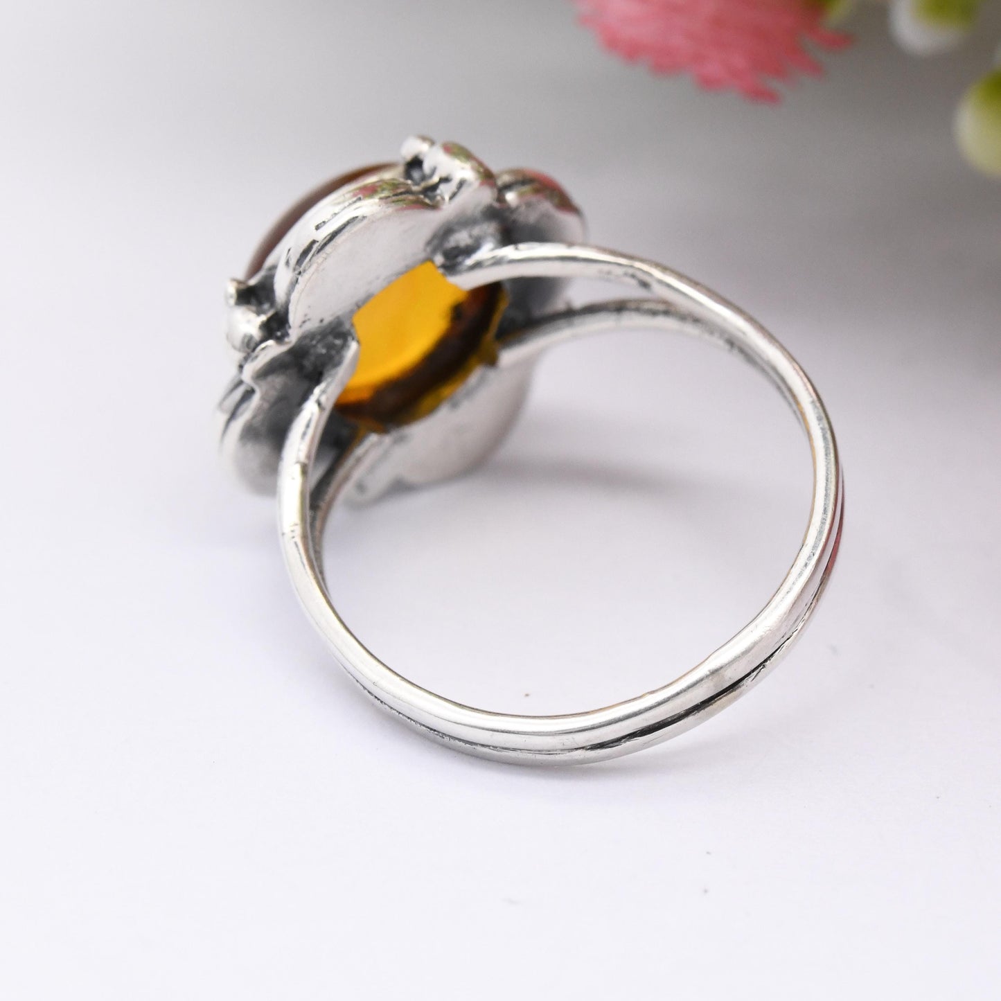 Vintage Sterling Silver Amber Ring Floral Bezel - Pretty Unisex Mid-Century Silver Ring Large Orange Stone | UK Size - N | US Size - 6 3/4