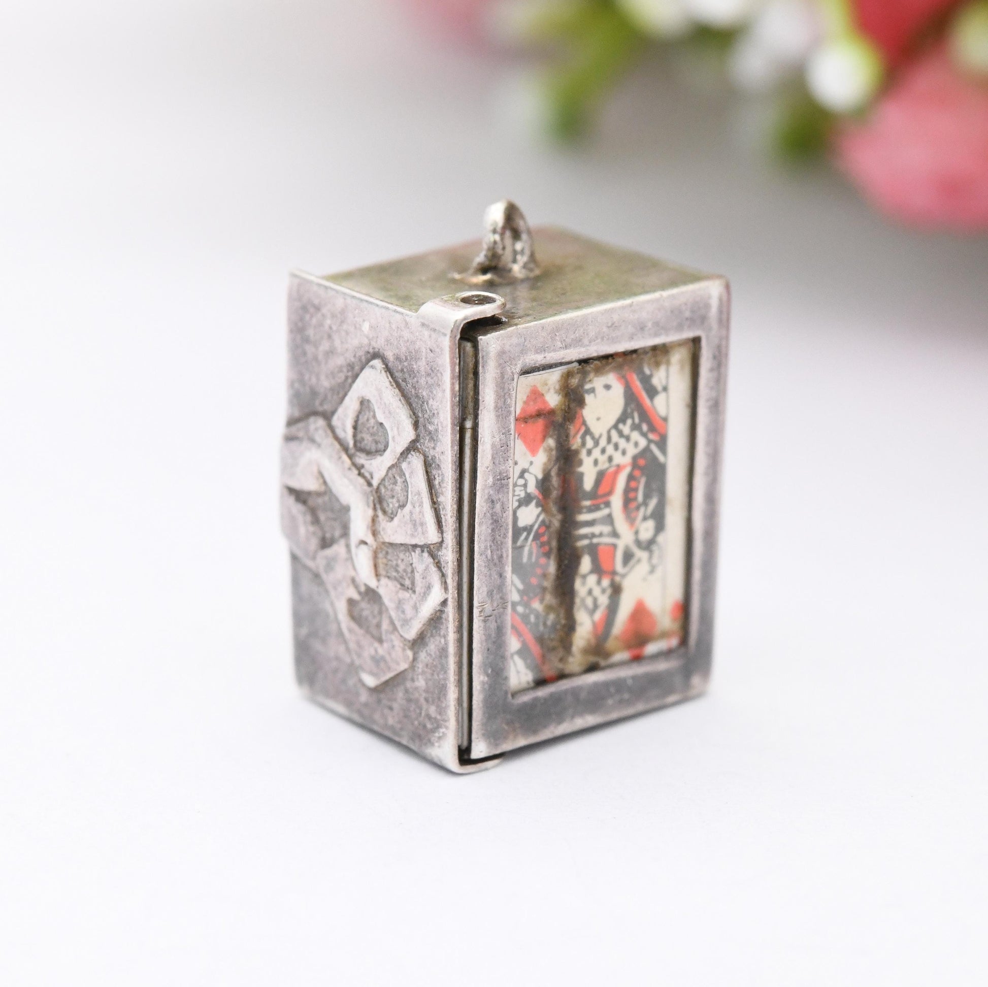 Vintage Pack of Playing Cards Charm Pendant Sterling Silver Box - Novelty Miniature Traditional Set of Cards Articulated Opening Charm Gift