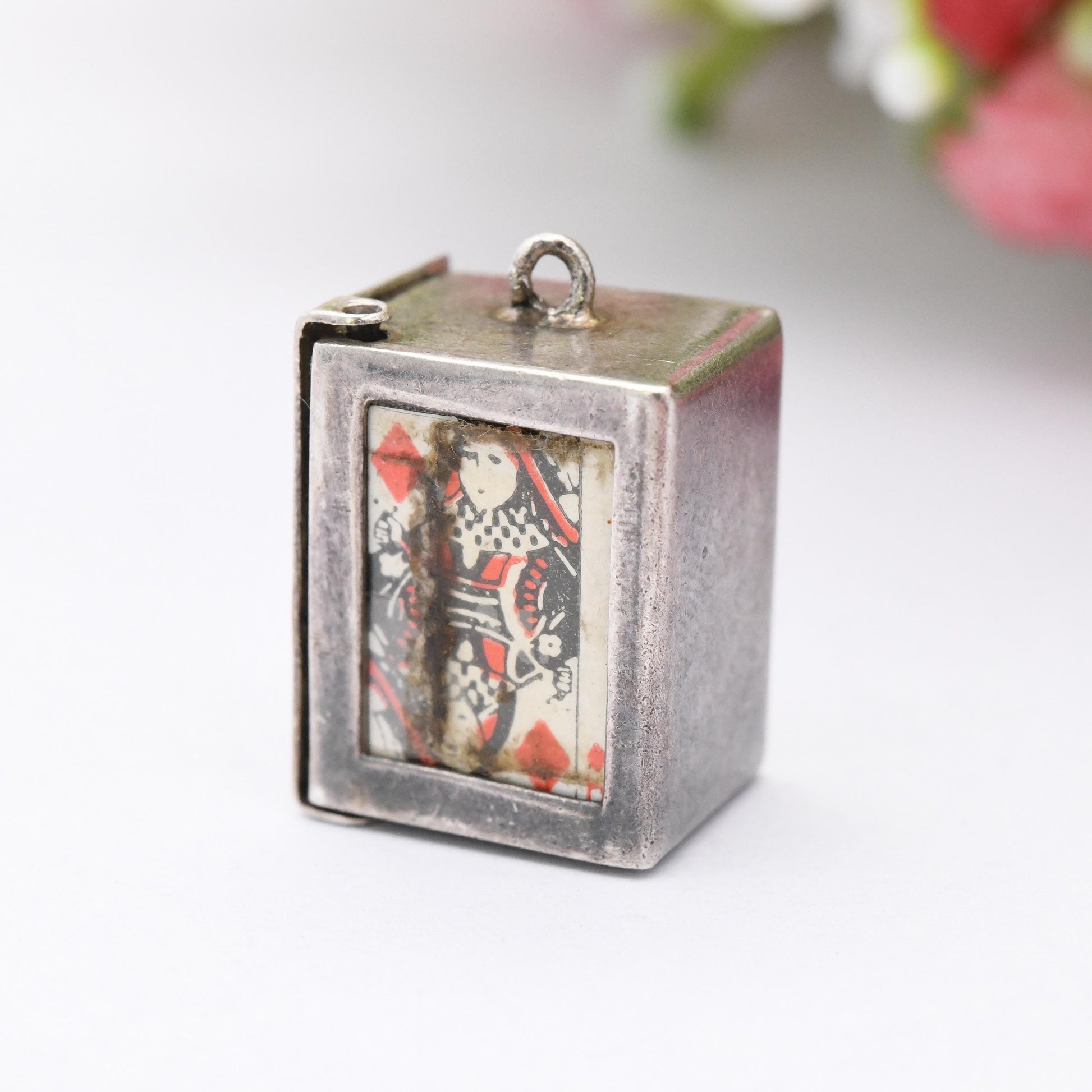 Vintage Pack of Playing Cards Charm Pendant Sterling Silver Box - Novelty Miniature Traditional Set of Cards Articulated Opening Charm Gift