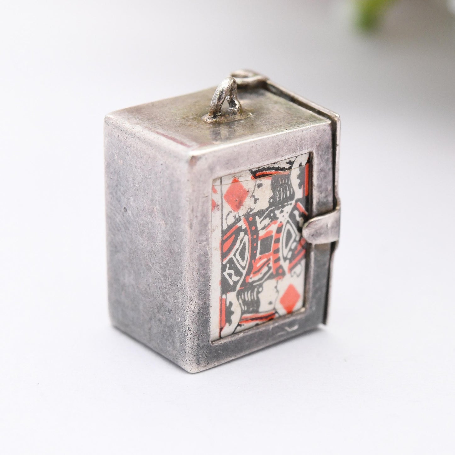 Vintage Pack of Playing Cards Charm Pendant Sterling Silver Box - Novelty Miniature Traditional Set of Cards Articulated Opening Charm Gift