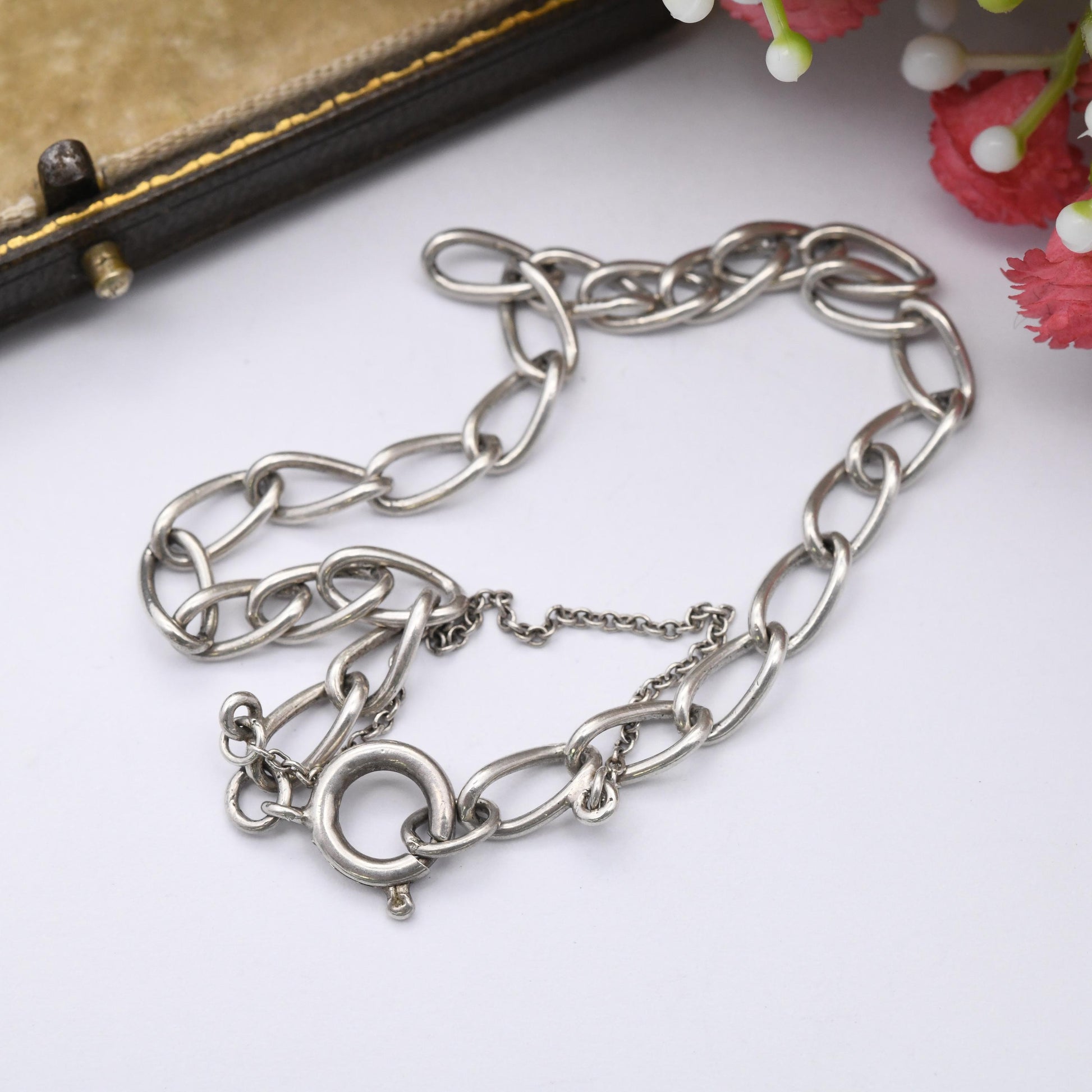 Vintage Sterling Silver Chain Bracelet - Long Rounded Curb Links | Charm Bracelet with Safety Chain