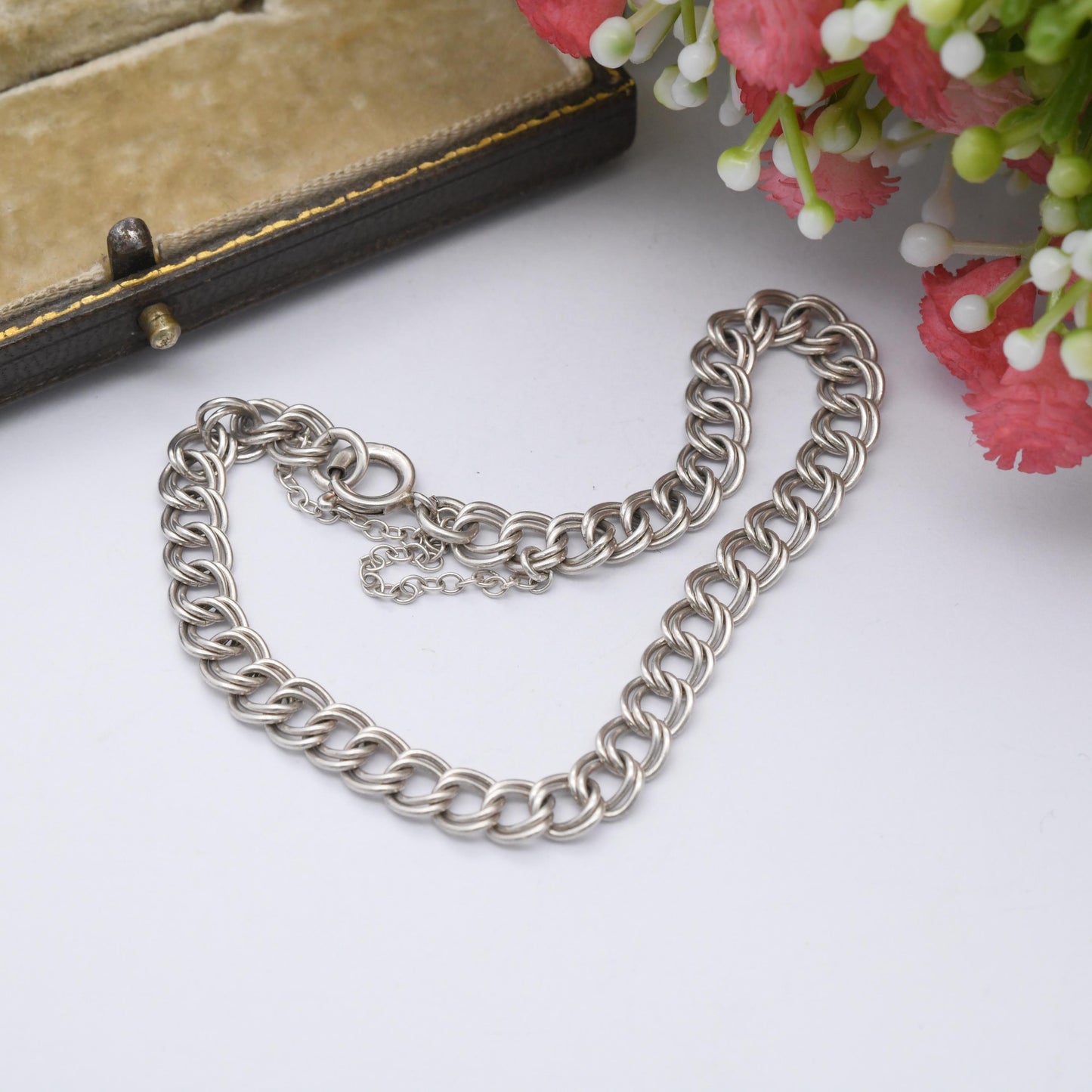 Antique Sterling Silver Chain Bracelet - Rounded Double Curb Links | Charm Bracelet with Safety Chain