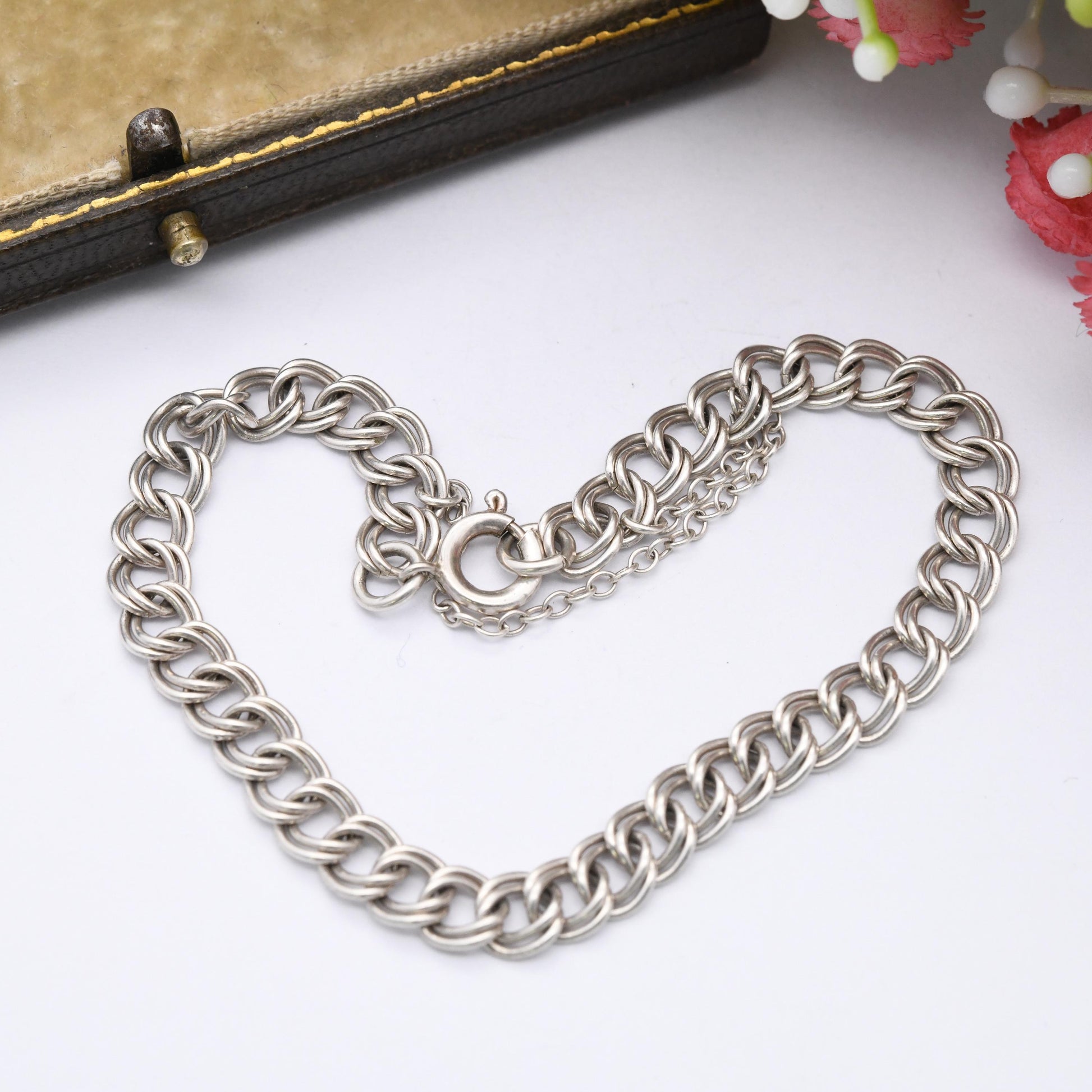 Antique Sterling Silver Chain Bracelet - Rounded Double Curb Links | Charm Bracelet with Safety Chain