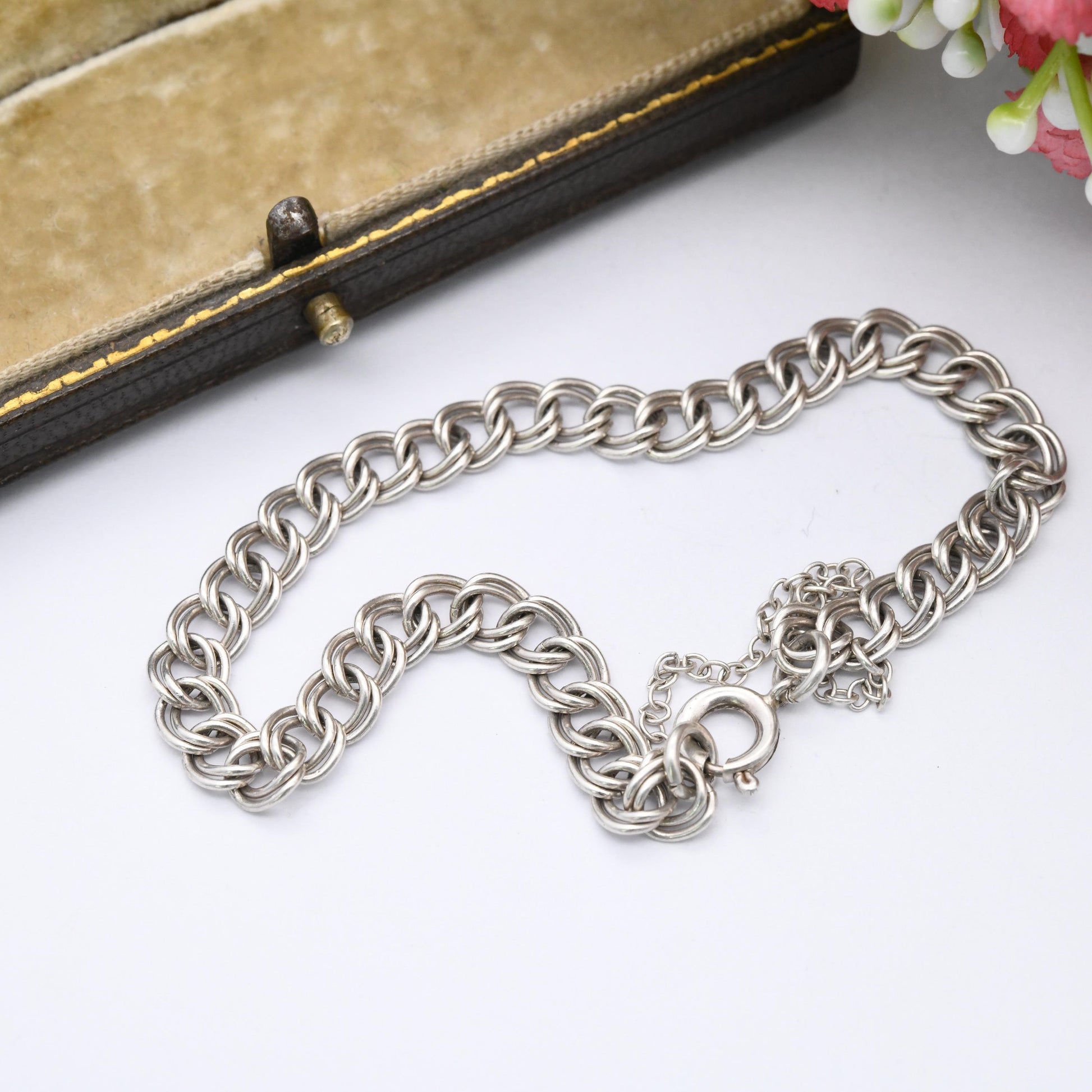 Antique Sterling Silver Chain Bracelet - Rounded Double Curb Links | Charm Bracelet with Safety Chain