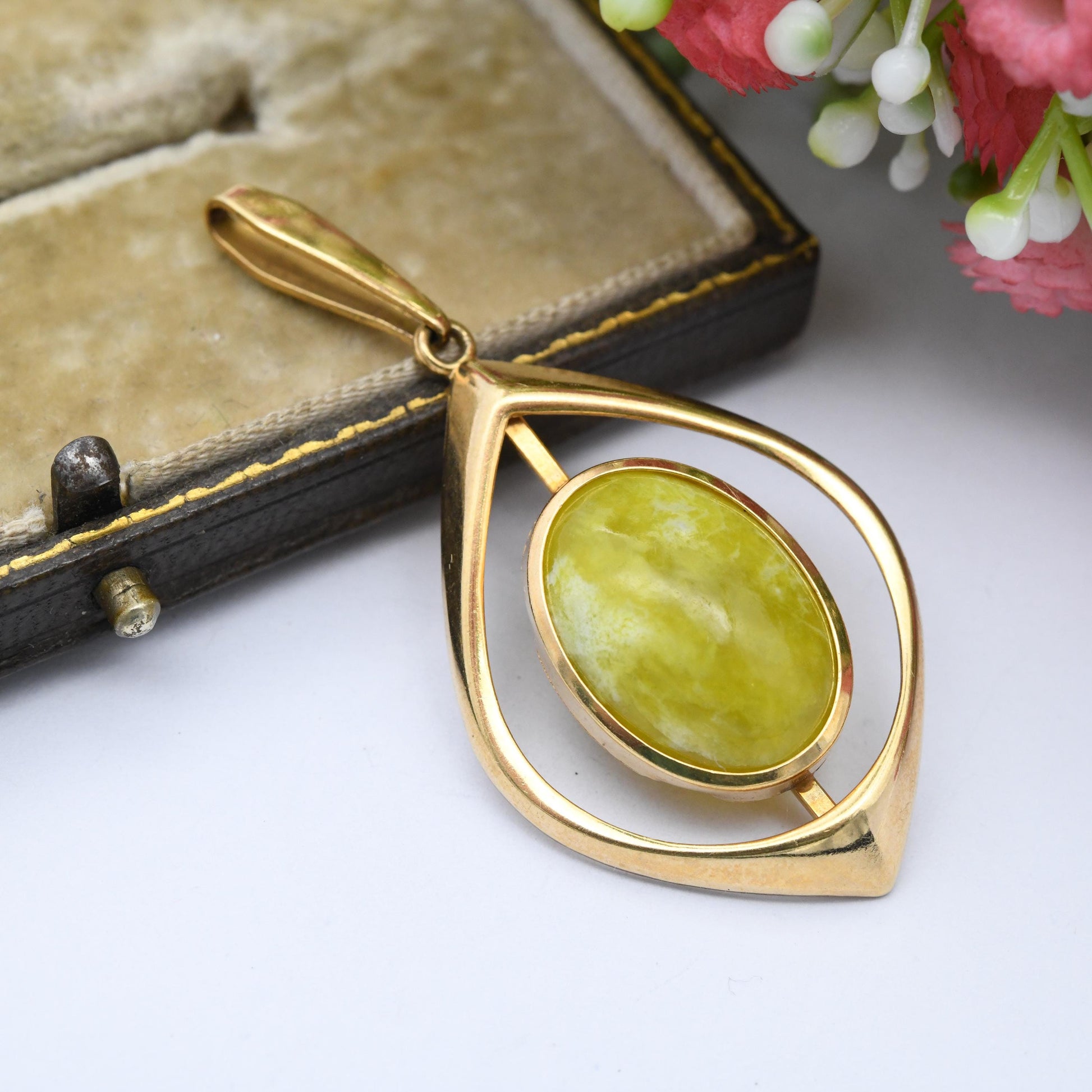 Vintage Kordes and Lichtenfels 14ct Rolled Gold Pendant K&L - Mid-Century Large Green Semi-Precious Gemstone 1960s German Designer Cabochon