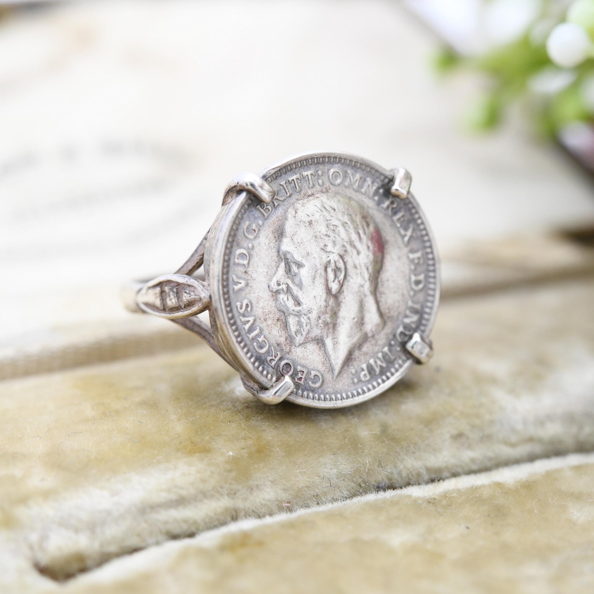 Vintage Silver George V Threepence Coin 1934 Signet Ring - English Royal Family Coin Jewellery | UK Size - M 1/2 | US Size - 6 1/4