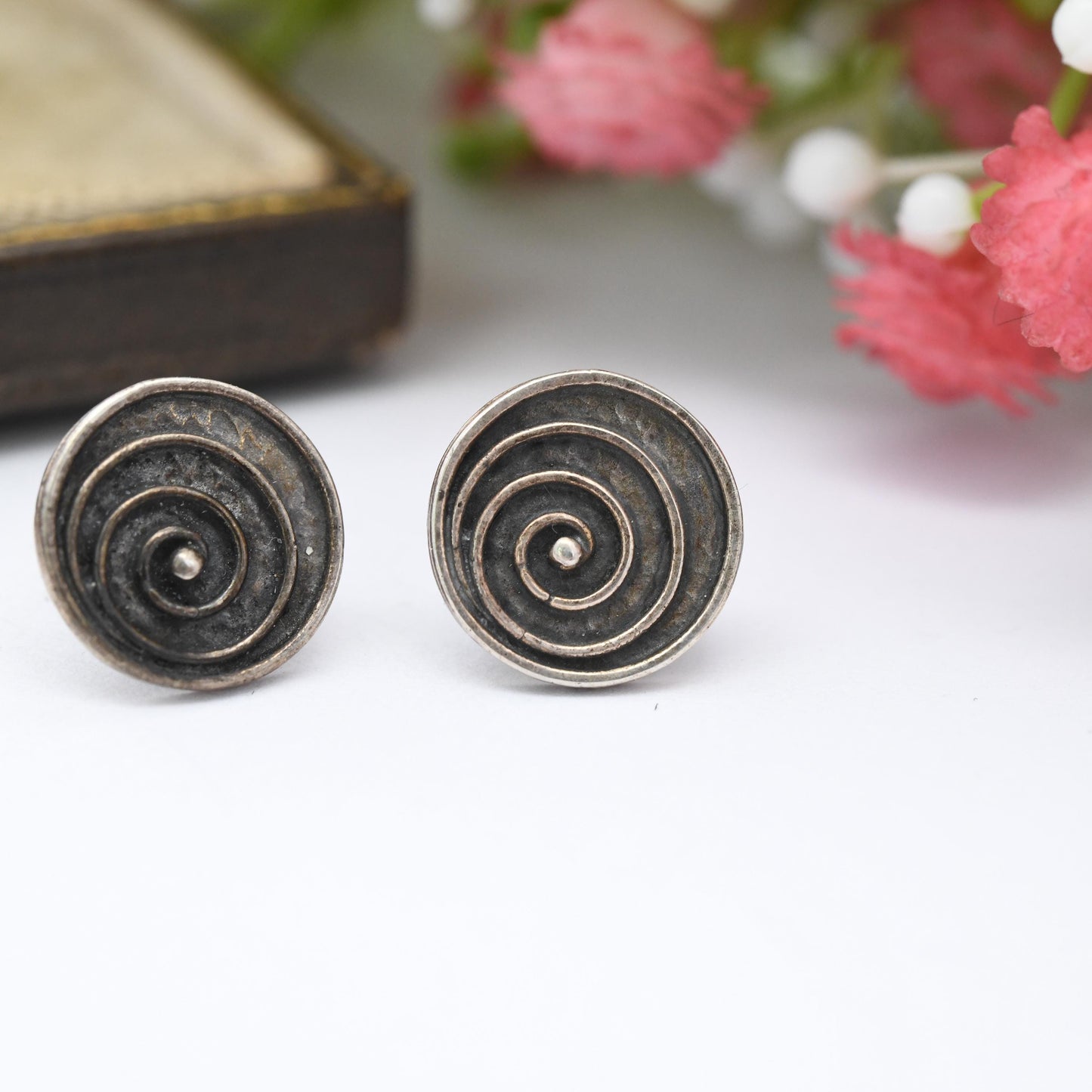 Vintage Sterling Silver Spiral Stud Earrings - Pretty Circle Studs | Minimalist Silver Jewellery Gift for Her