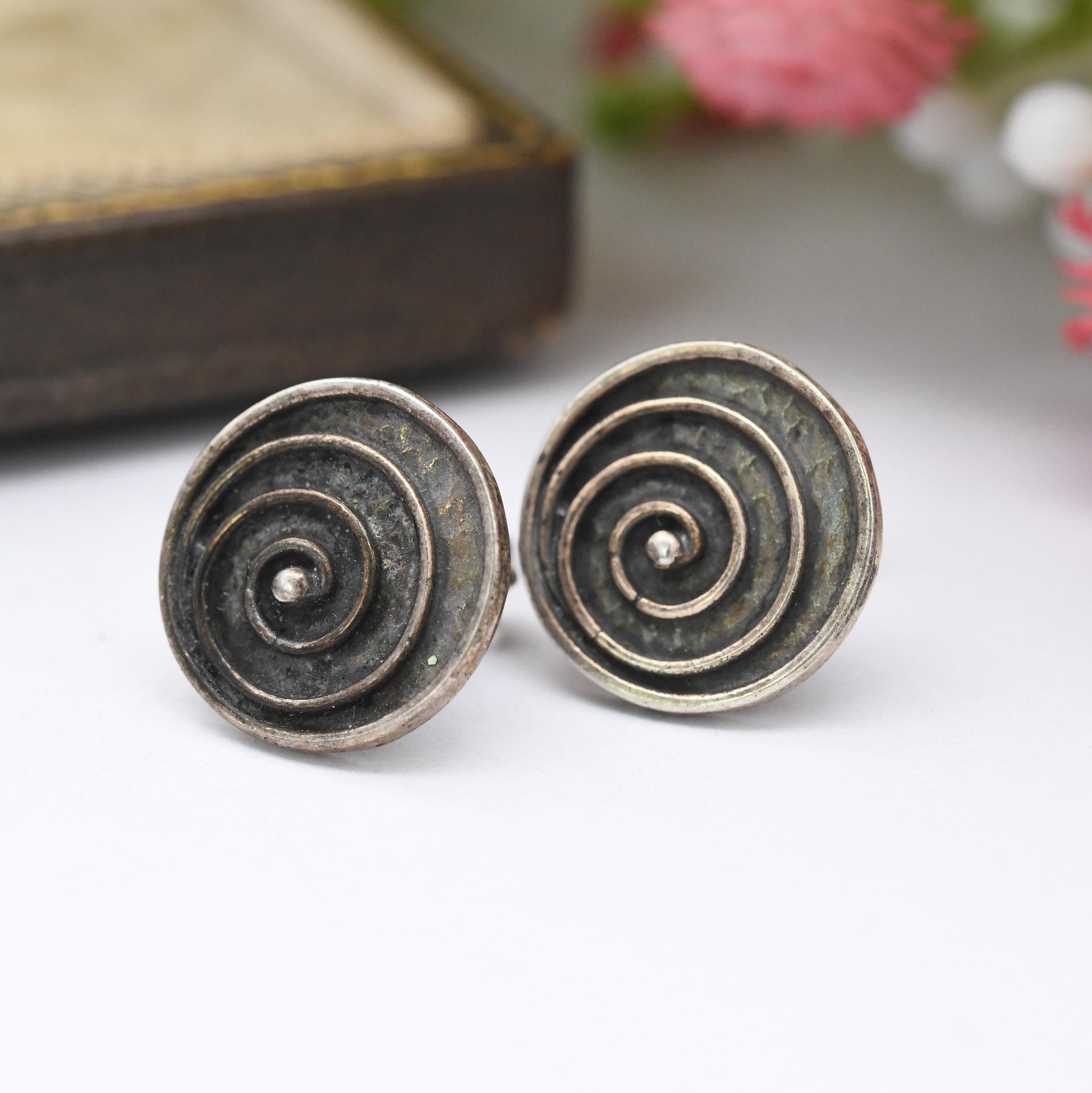 Vintage Sterling Silver Spiral Stud Earrings - Pretty Circle Studs | Minimalist Silver Jewellery Gift for Her