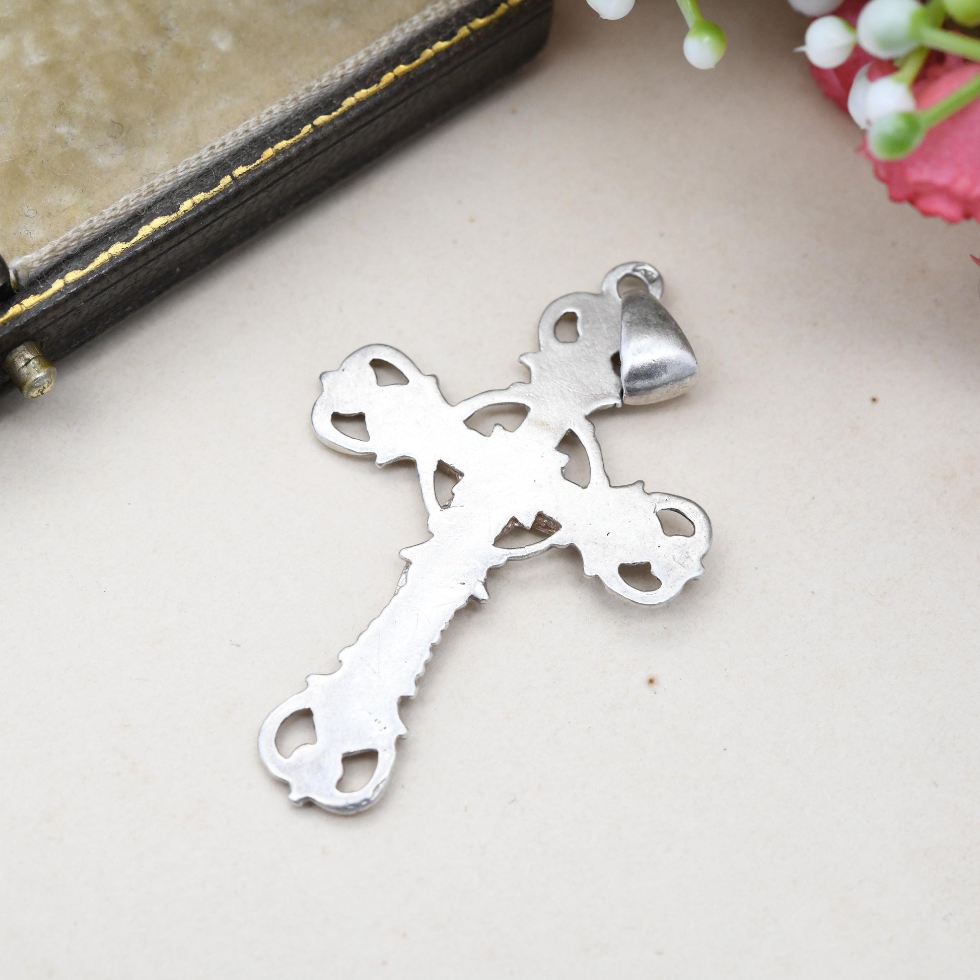 Vintage Sterling Silver Jesus on the Cross Pendant Ornate Design - Antique Style Christian Gift for Baptism Christening | Necklace Stack