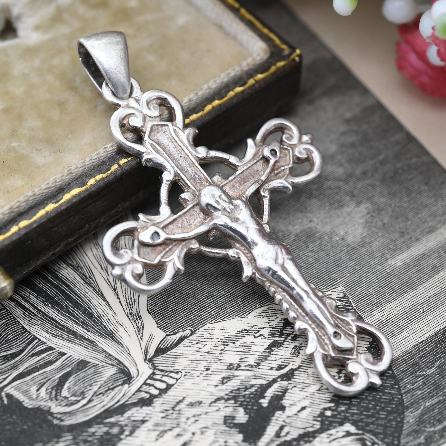 Vintage Sterling Silver Jesus on the Cross Pendant Ornate Design - Antique Style Christian Gift for Baptism Christening | Necklace Stack