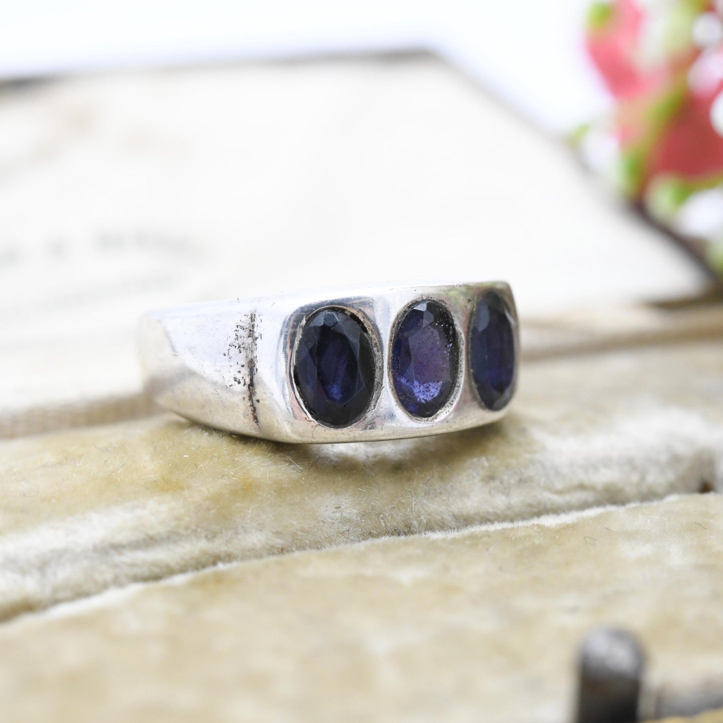 Vintage Sterling Silver Iolite Gypsy Ring Three Stone Trilogy - Chunky Gemstone Ring Deep Purple Oval | UK Size - Q | US Size - 8