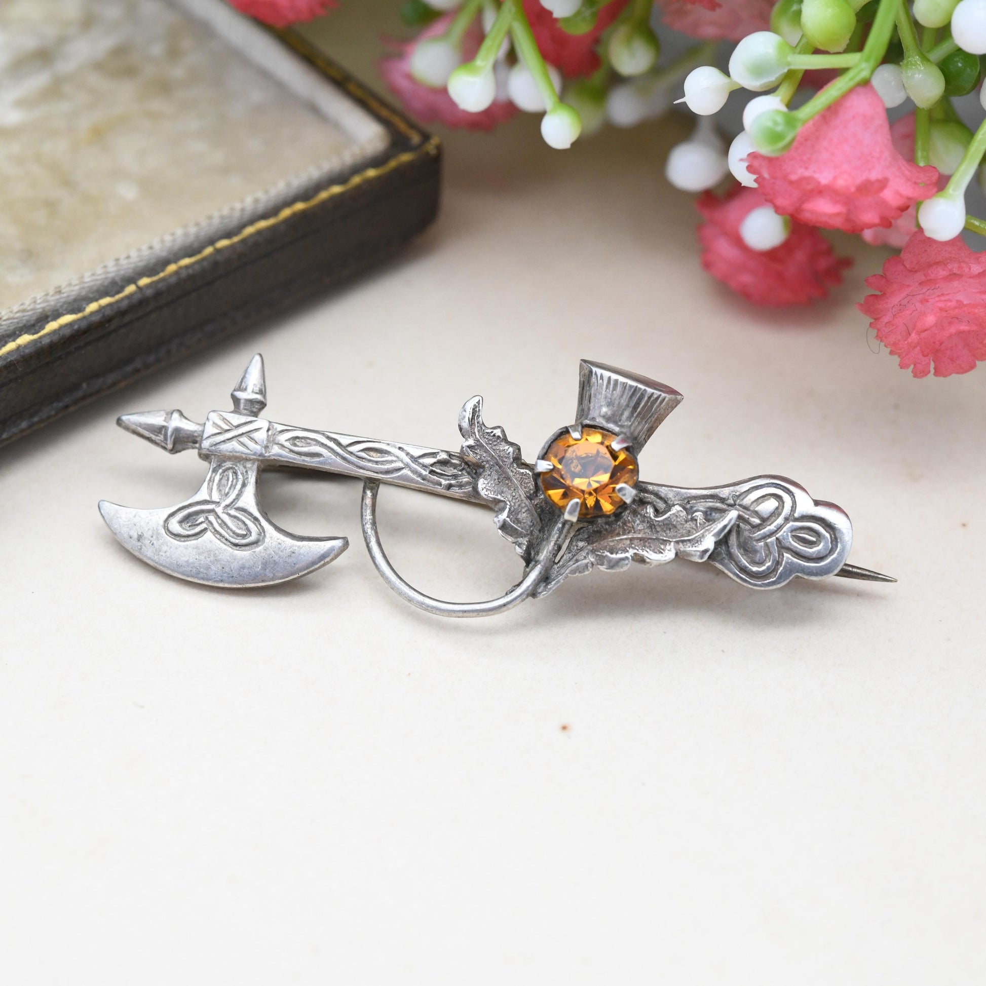 Antique Ward Brothers Sterling Silver Scottish Axe Thistle Brooch - Orange Citrine Paste Stone Celtic Engraving | Extended Brooch Pin