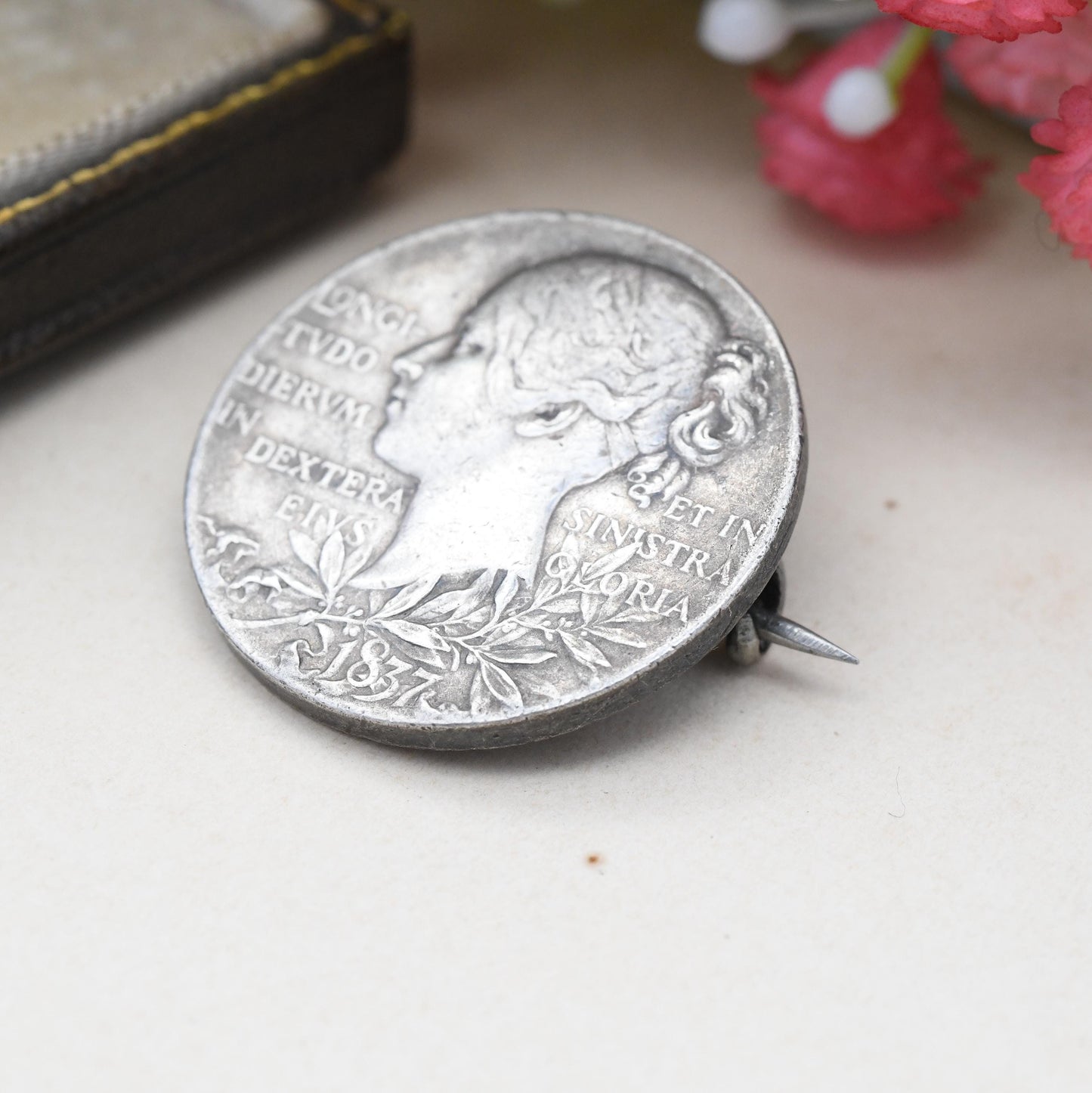 Antique Victoria Diamond Jubilee Silver Medallion Brooch 1837 1867 - Small Young Head Jubilee Head Medal Token | Silver Coin Jewellery